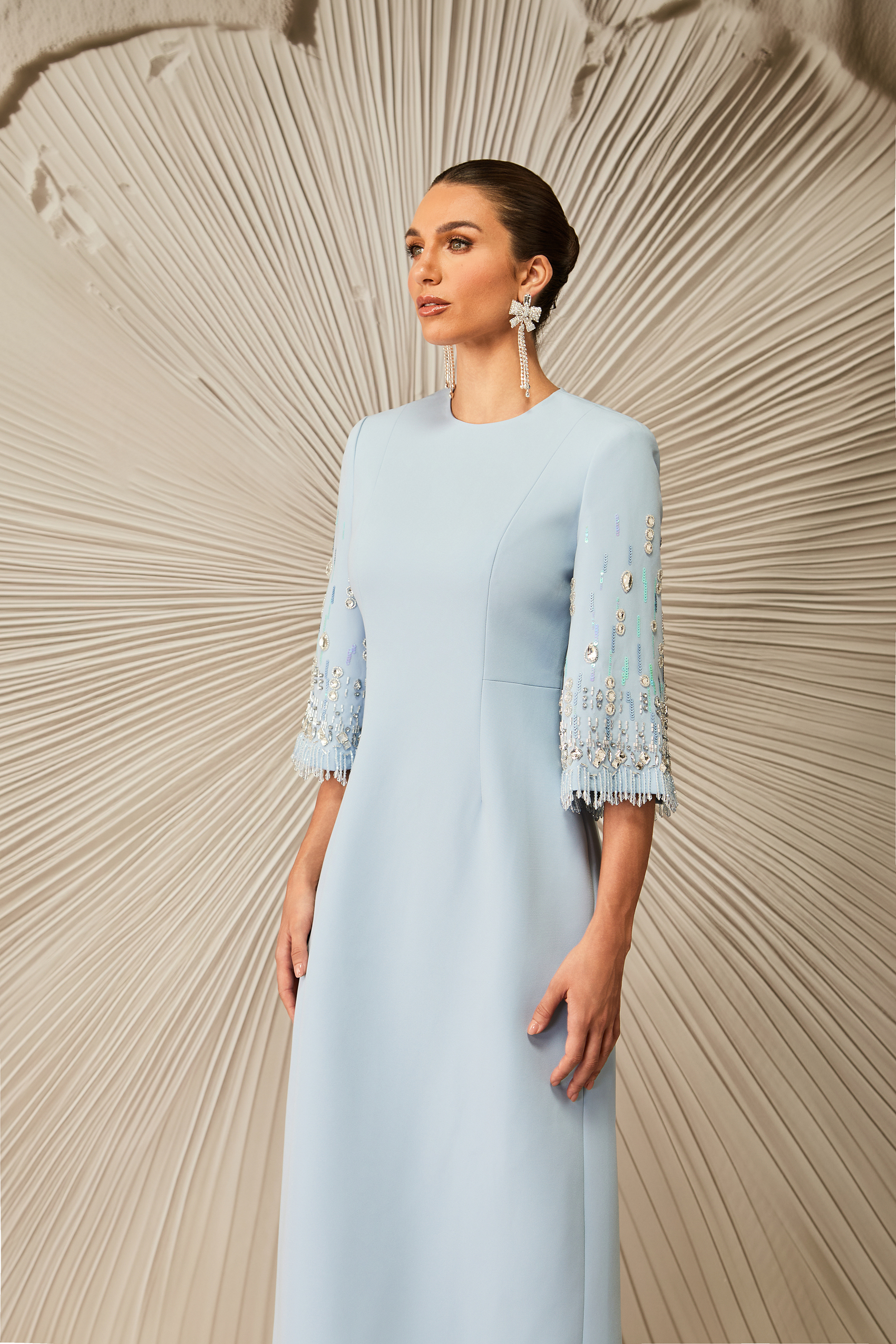 Julia Crew Neck Embroidered Cuff Maxi Dress