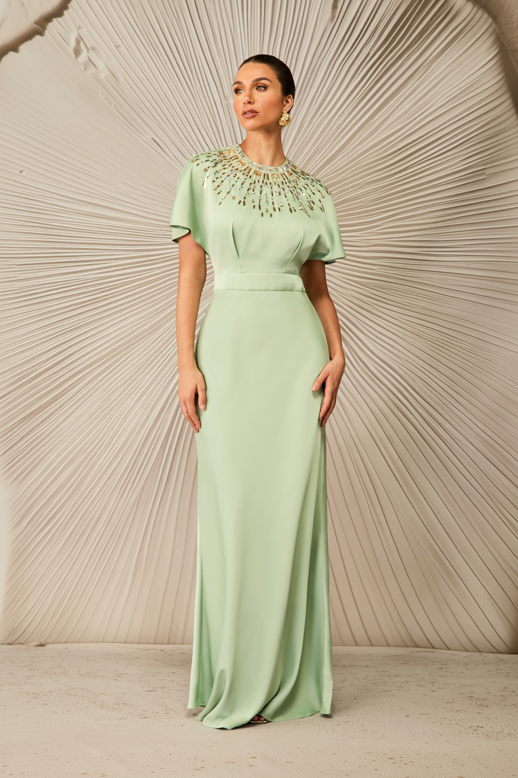 Cynthia Crystal Embellished Short Sleeve Satin Maxi Dress