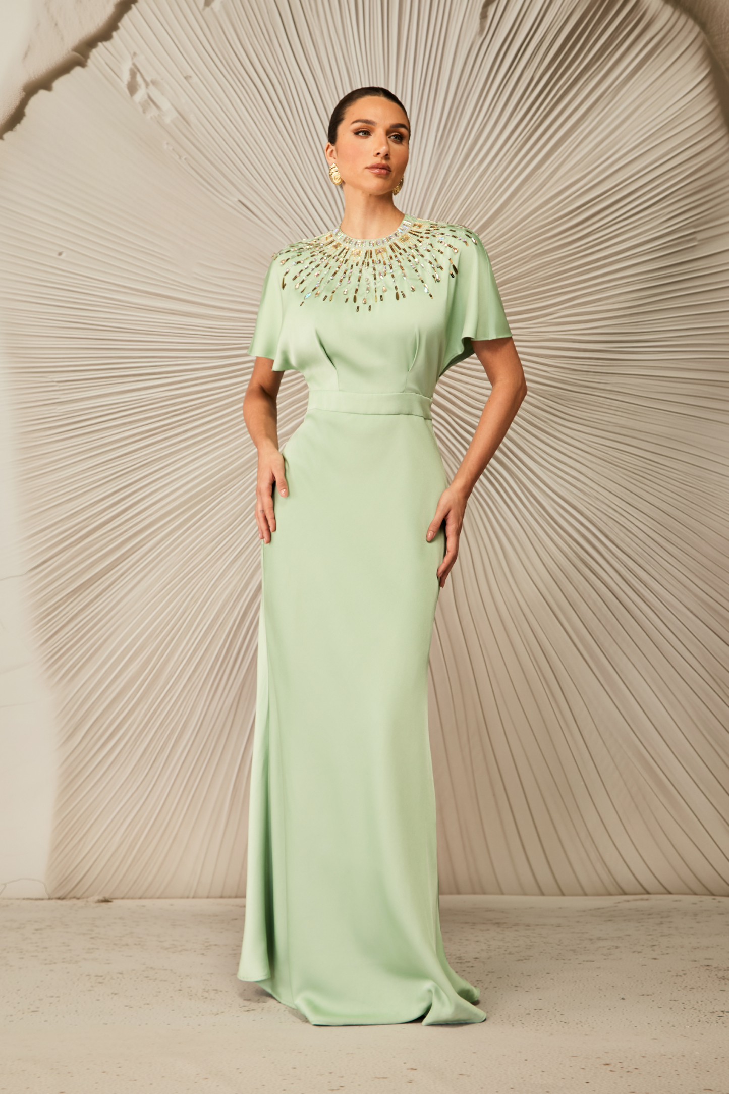 Cynthia Crystal Embellished Short Sleeve Satin Maxi Dress