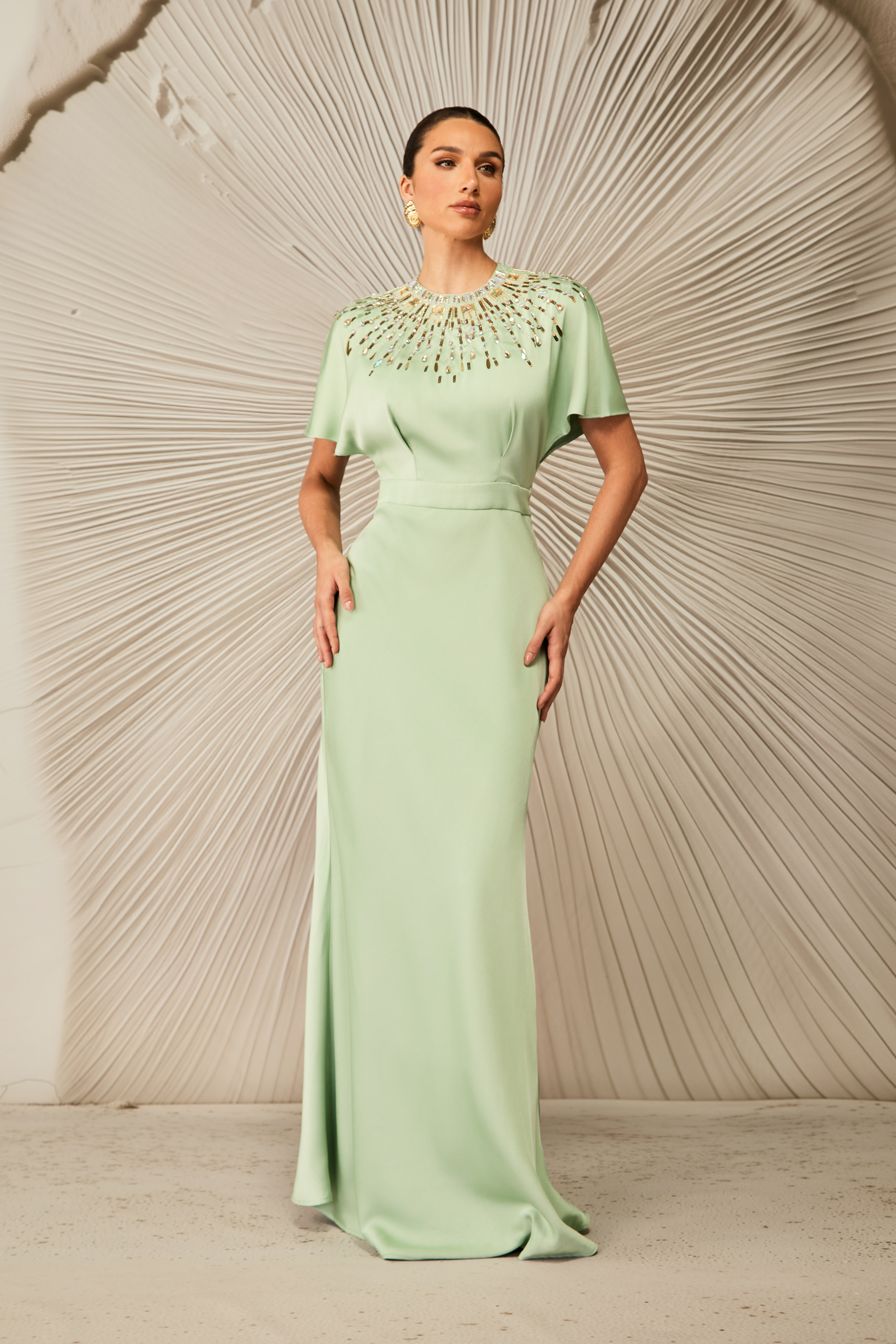 Cynthia Crystal Embellished Short Sleeve Satin Maxi Dress