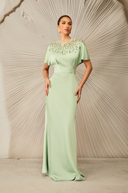 Cynthia Crystal Embellished Short Sleeve Satin Maxi Dress