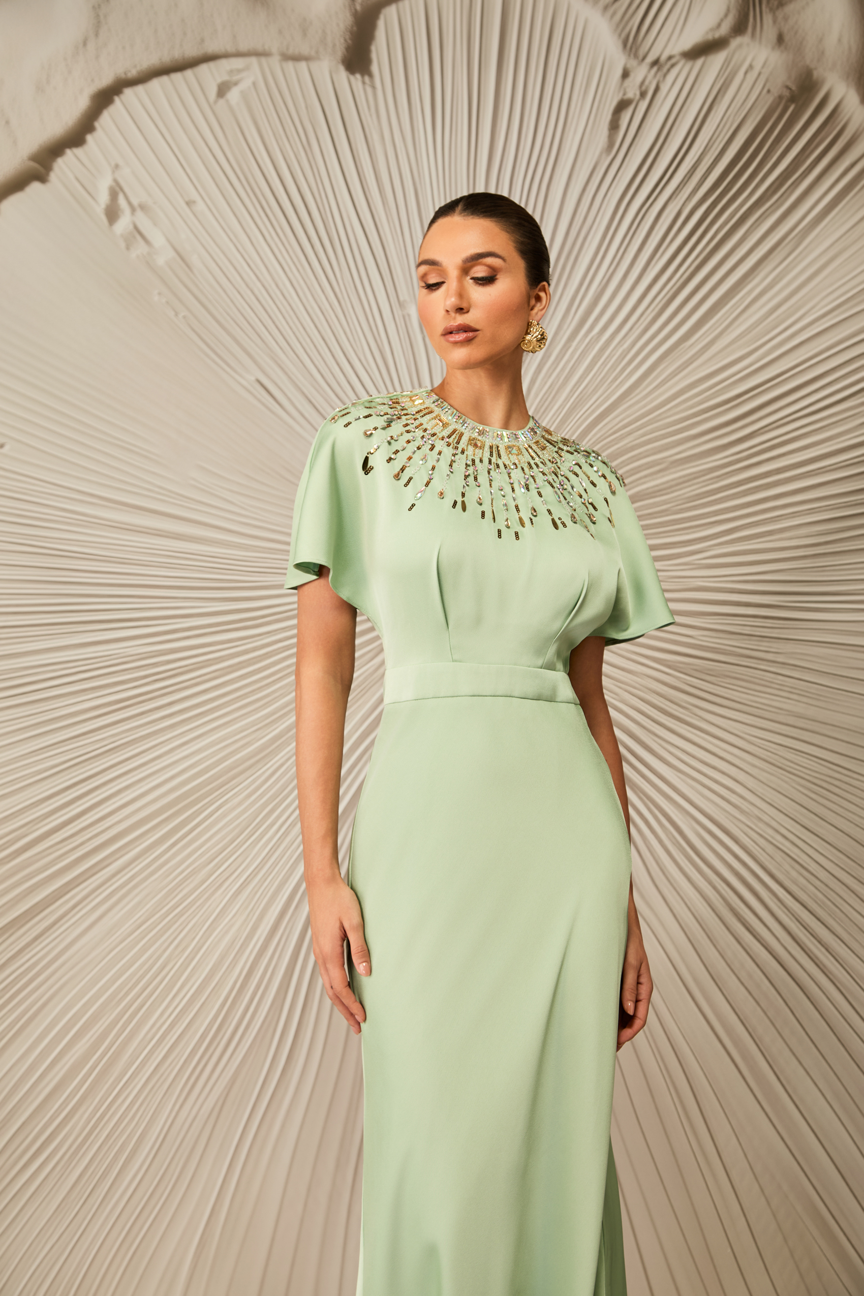 Cynthia Crystal Embellished Satin Maxi Dress Formal Wedding