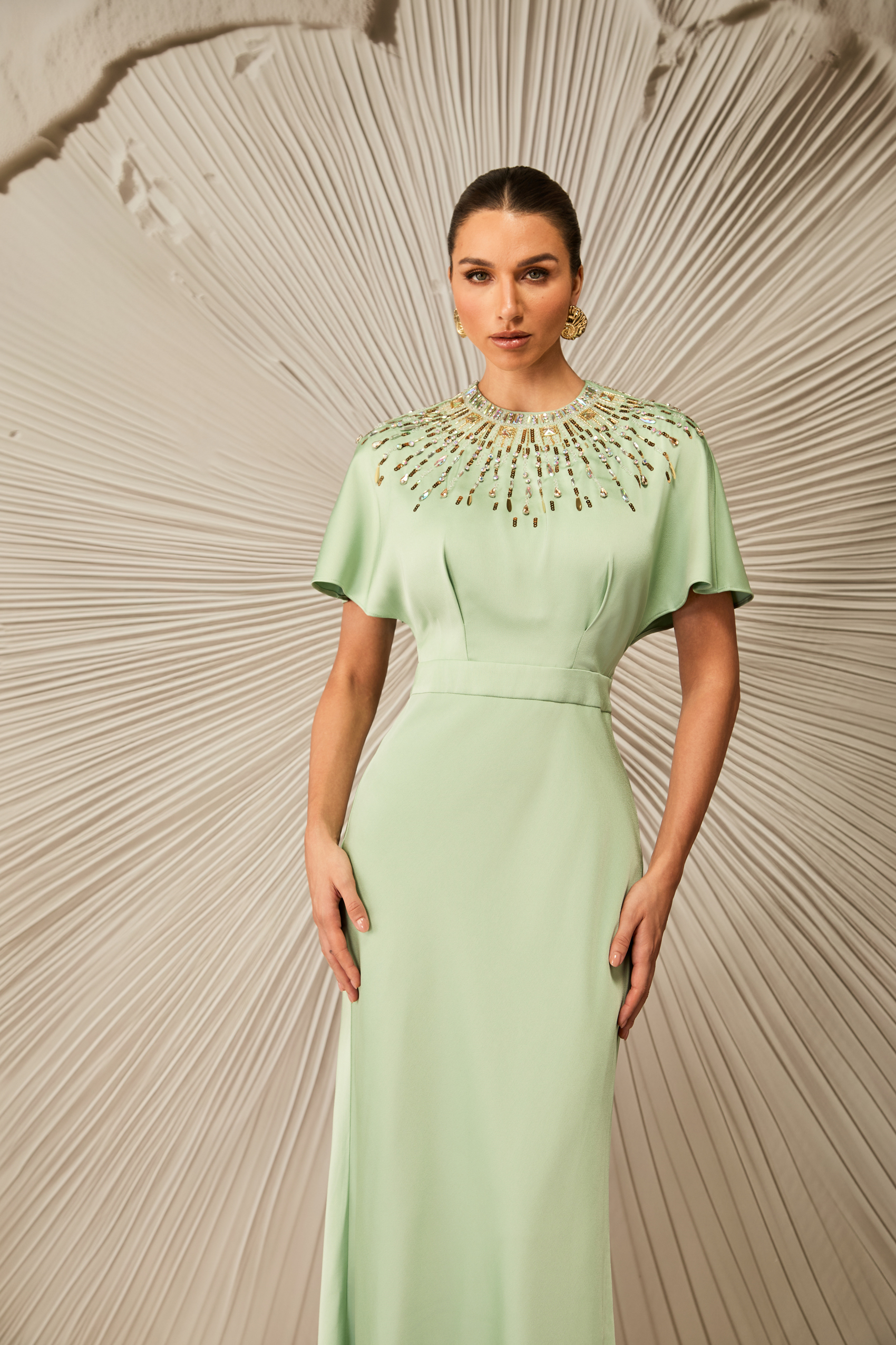 Cynthia Crystal Embellished Short Sleeve Satin Maxi Dress