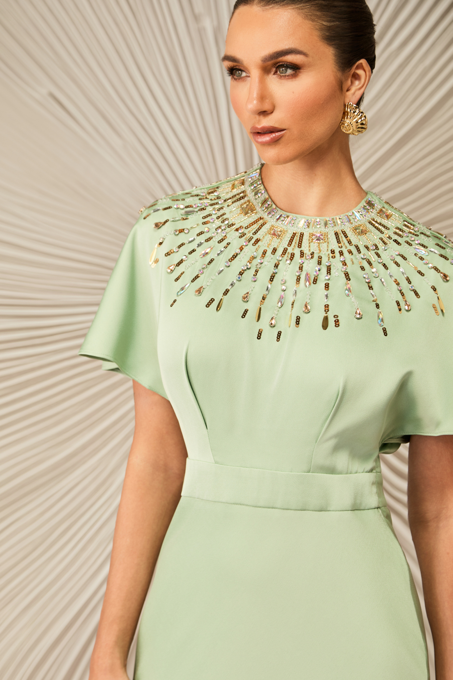 Cynthia Crystal Embellished Short Sleeve Satin Maxi Dress