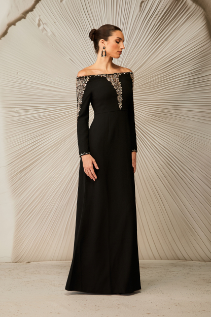 Laila Rhinestone Embellished Off Shoulder Maxi Dress