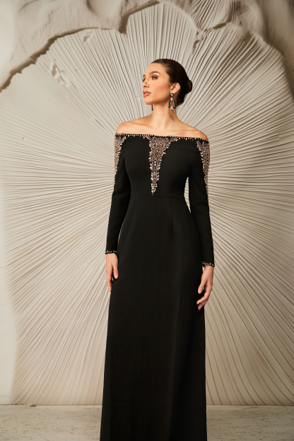 Laila Rhinestone Embellished Off Shoulder Maxi Dress