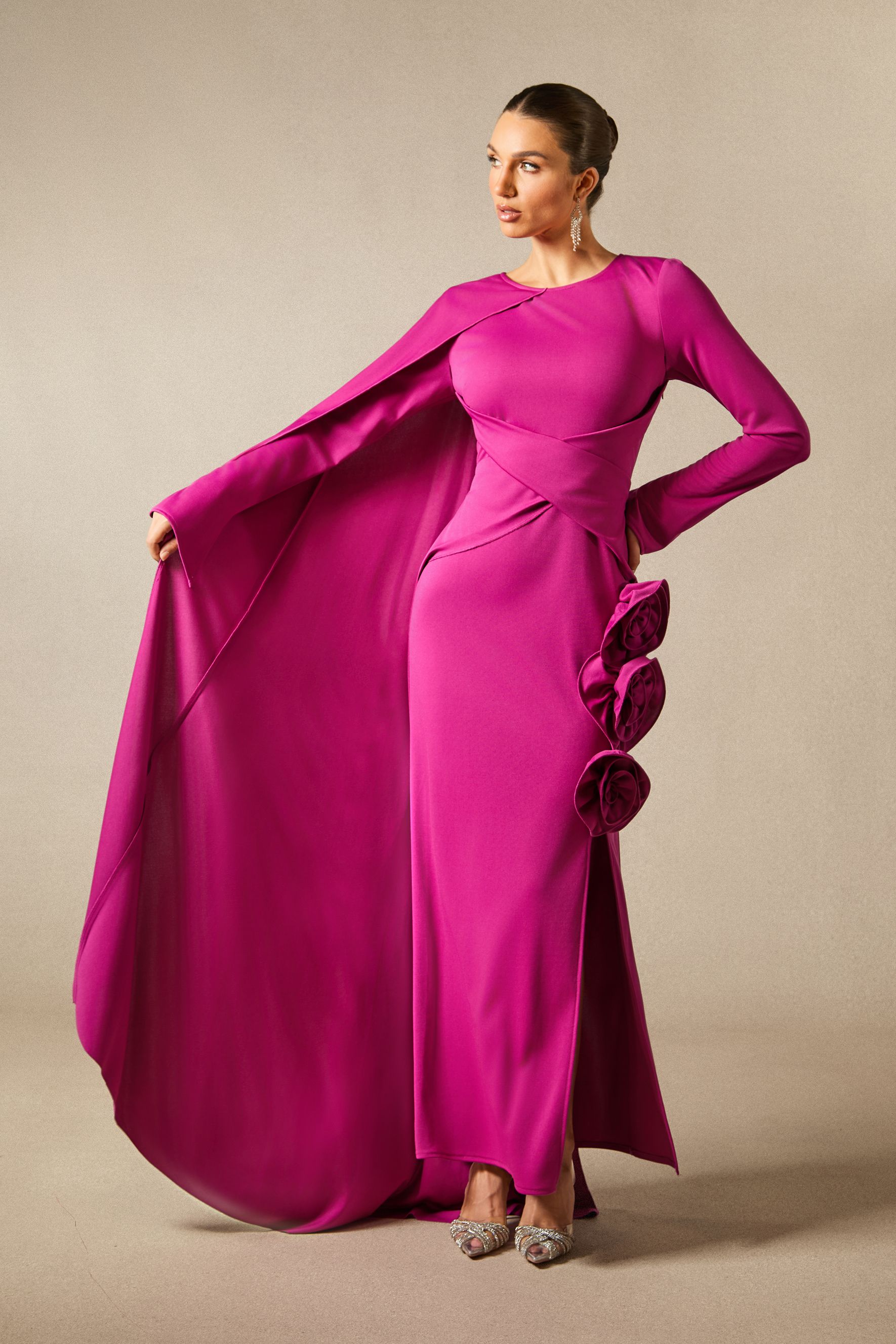 Anastasia Floral Cape Maxi Slit Dress