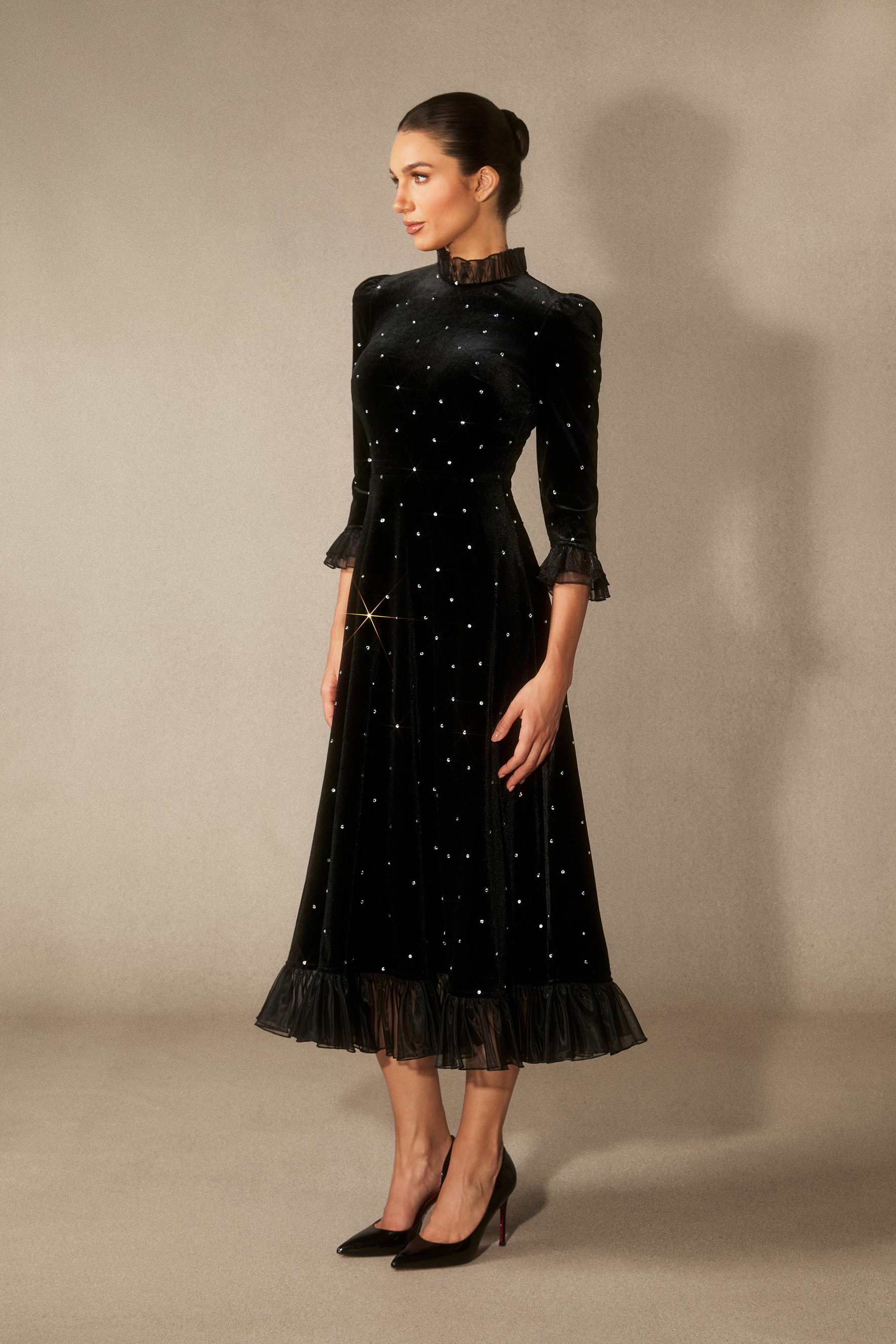 Jolie Black Velvet Ruffle Maxi Dress | Holiday Party Shine - sunfere