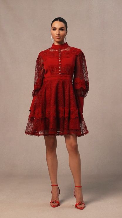 Charlotte High Neck Puff Sleeve Lace Mini Dress