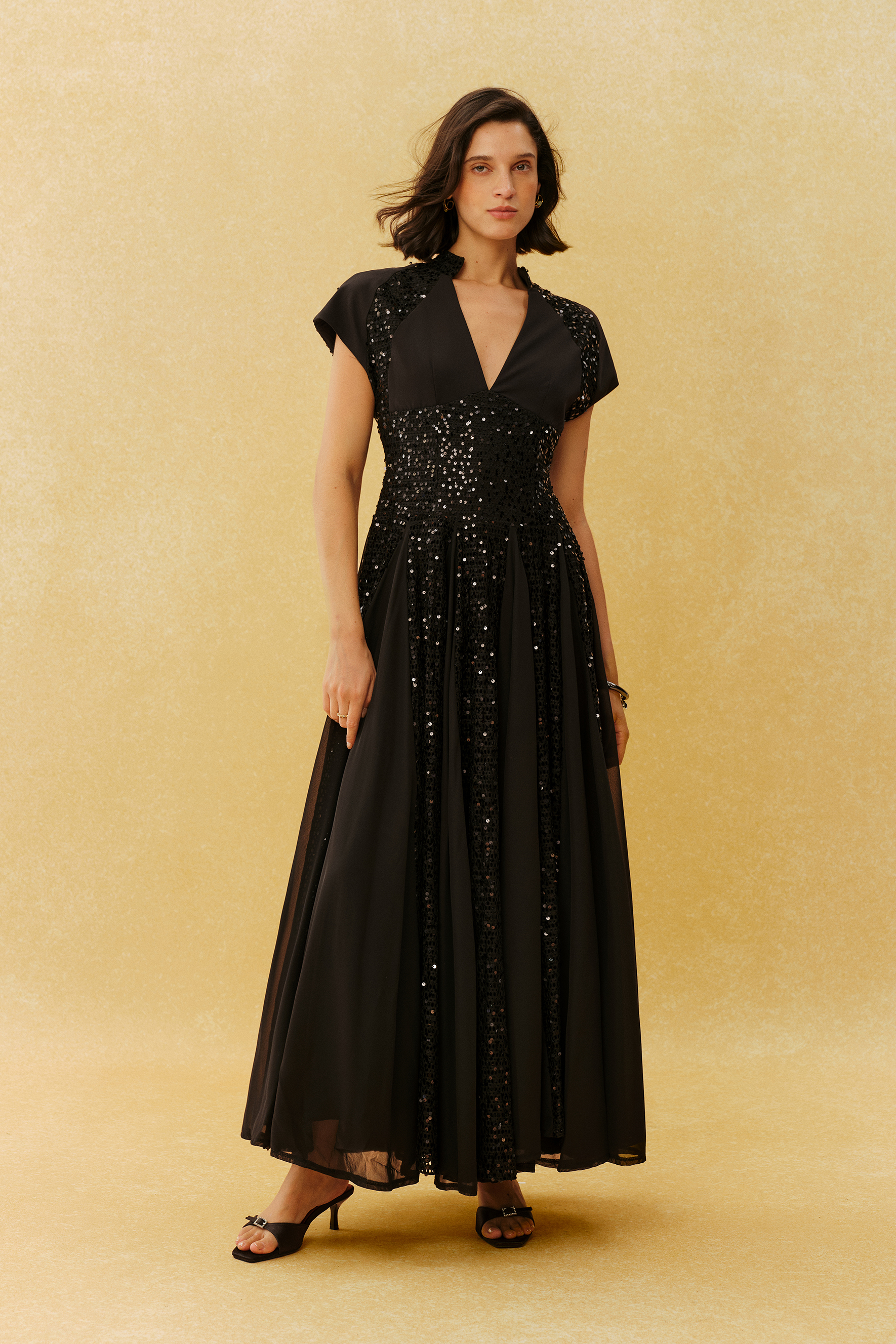 Just Enough Black Sequin V Neck Cap Sleeve Maxi Dress