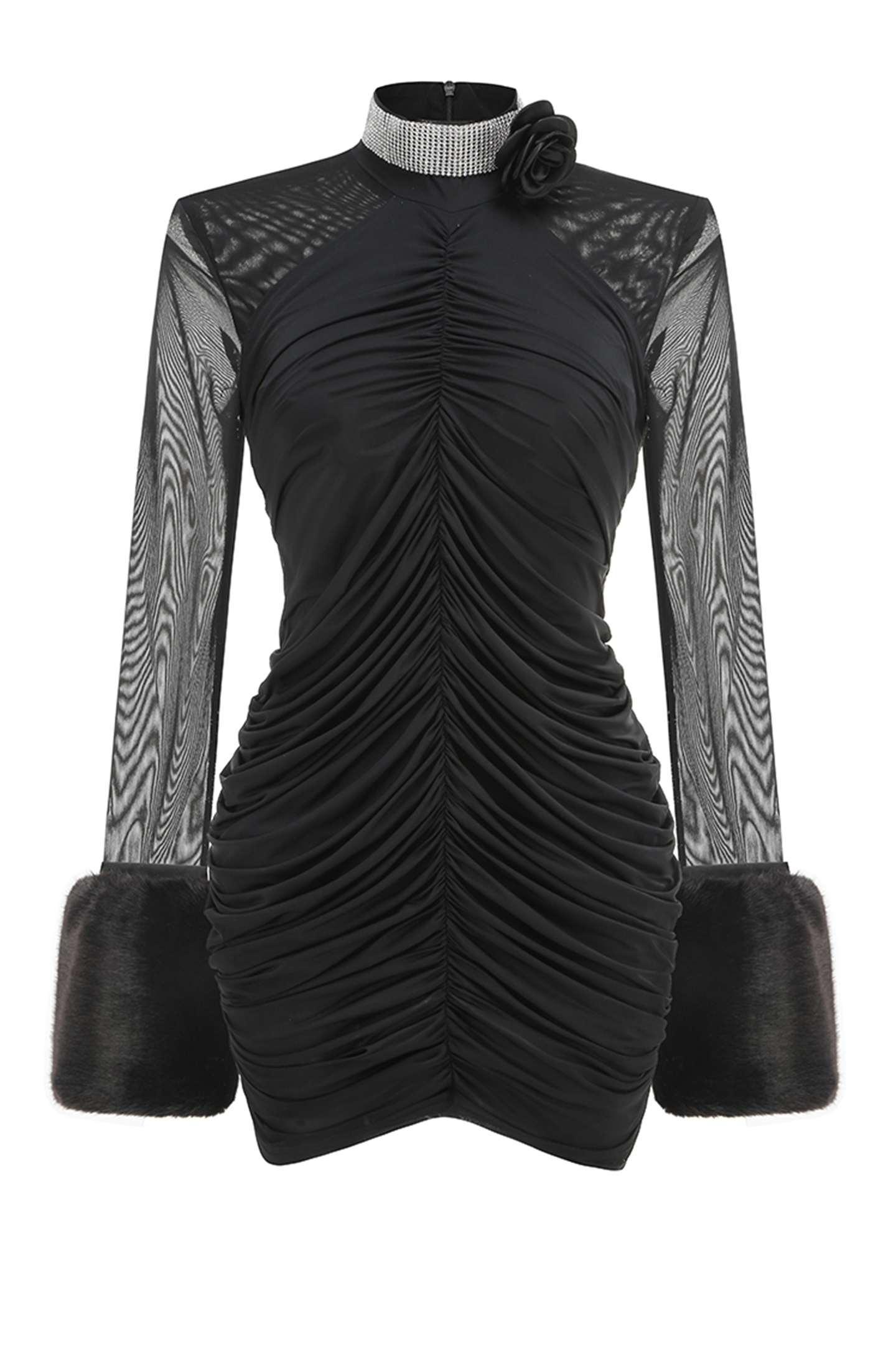 Audrey Ruched Faux Fur Detail Mini Dress