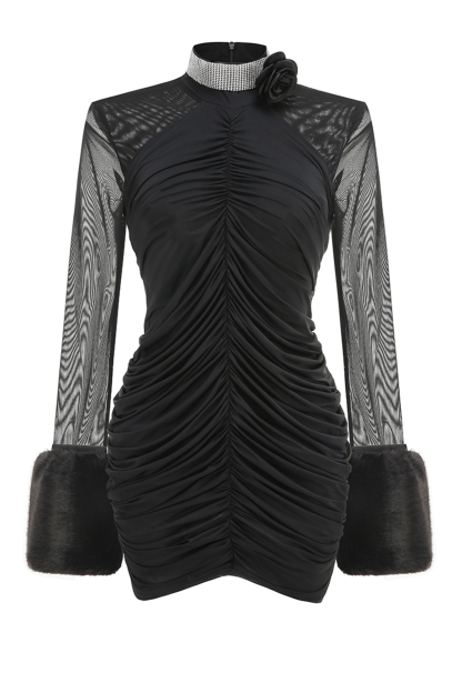 Audrey Ruched Faux Fur Detail Mini Dress