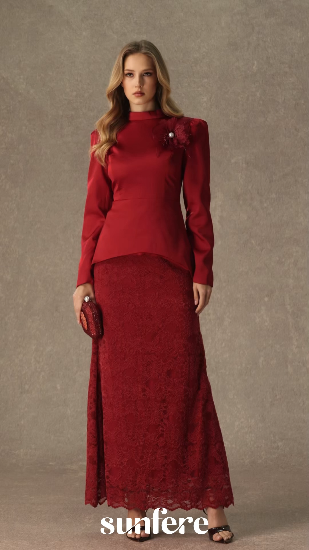 Beautiful Evenings Burgundy Floral Applique Satin Top & Lace Skirt Set