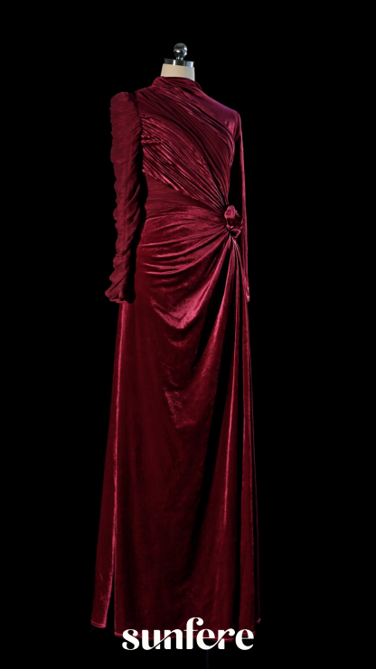 Amelia Floral Ruched Bodice Velvet Maxi Dress