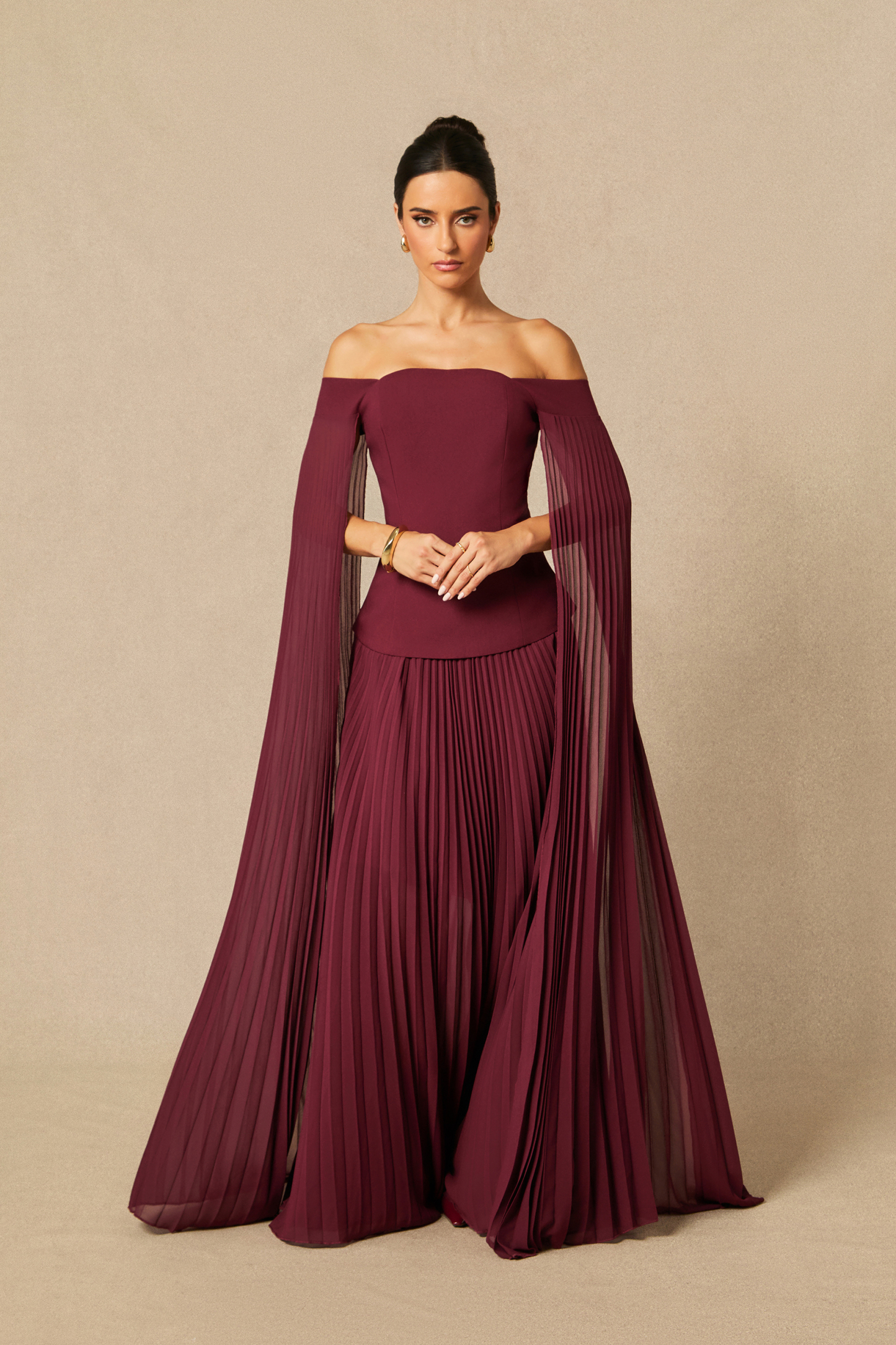 sunfere Kenna Off Shoulder Top & Pleated Skirt Set or Jewel-Tone Chiffon Cold-Shoulder Slit Maxi Dress