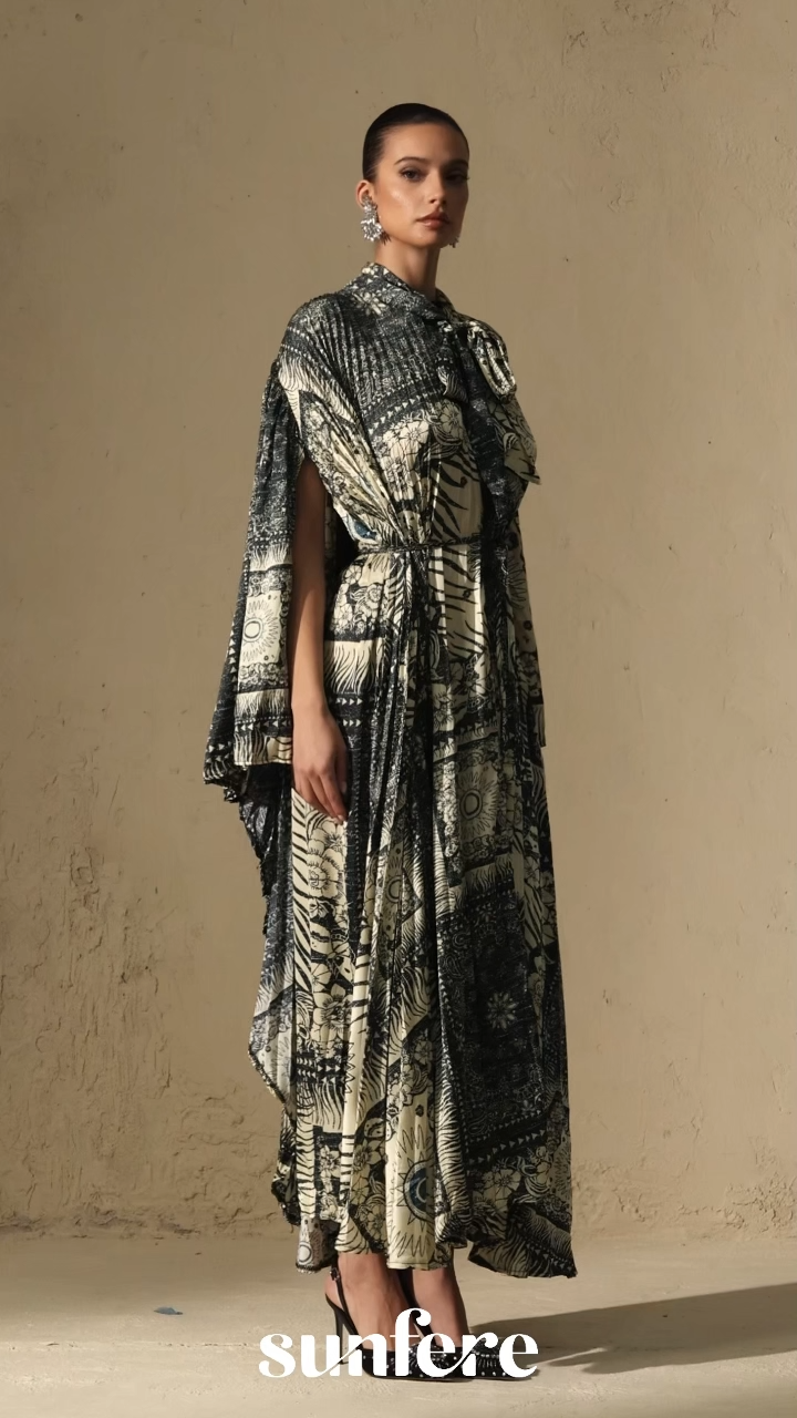 Signature Elegance Beige Printed Cape Sleeve Maxi Dress