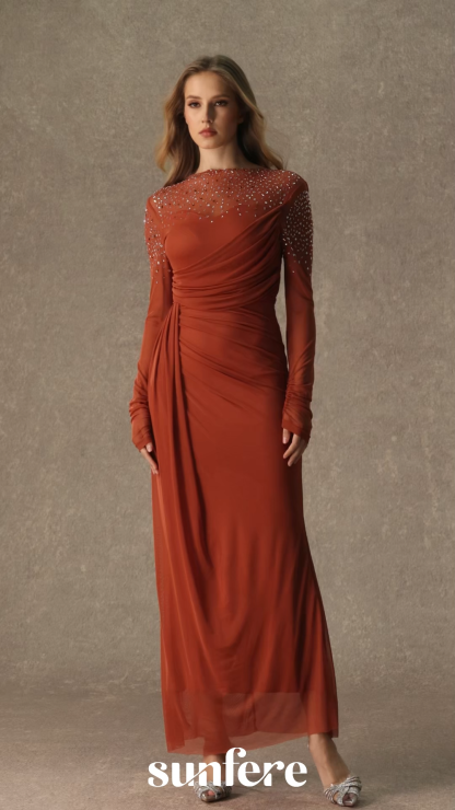 Alluring Silhouette Orange Crystal Embellished Ruched Maxi Dress