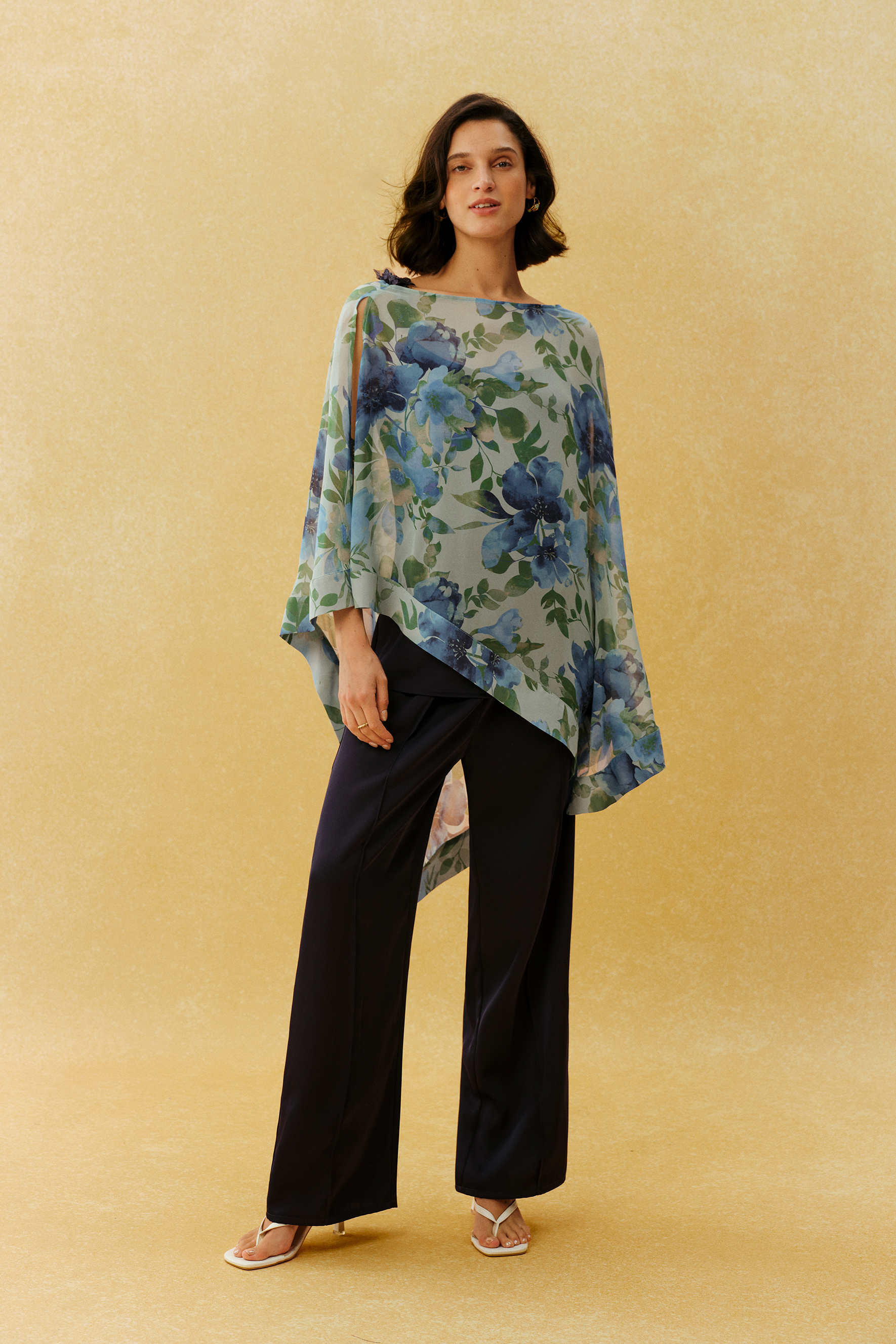 Feels Right Blue Floral Print Chiffon Cape Three Piece Set