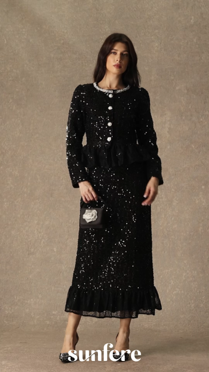 Chic And Sophisticated Black Diamond Embellished Ruffled Skirt Set