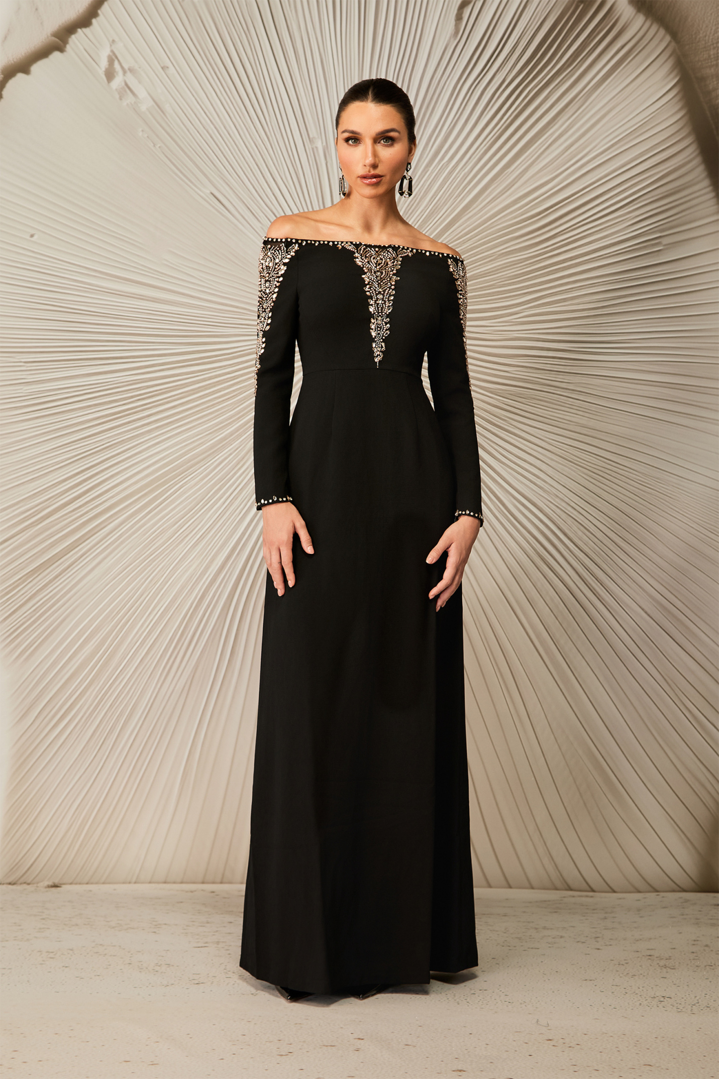 sunfere Laila Rhinestone Embellished Off Shoulder Maxi Dress or Cinematic Draped Cold-Shoulder Maxi Dress