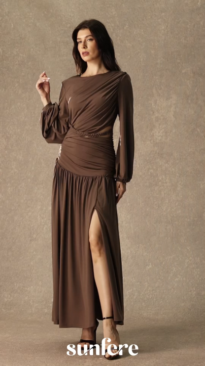 Beyond Classy Brown Asymmetric Ruched Maxi Dress
