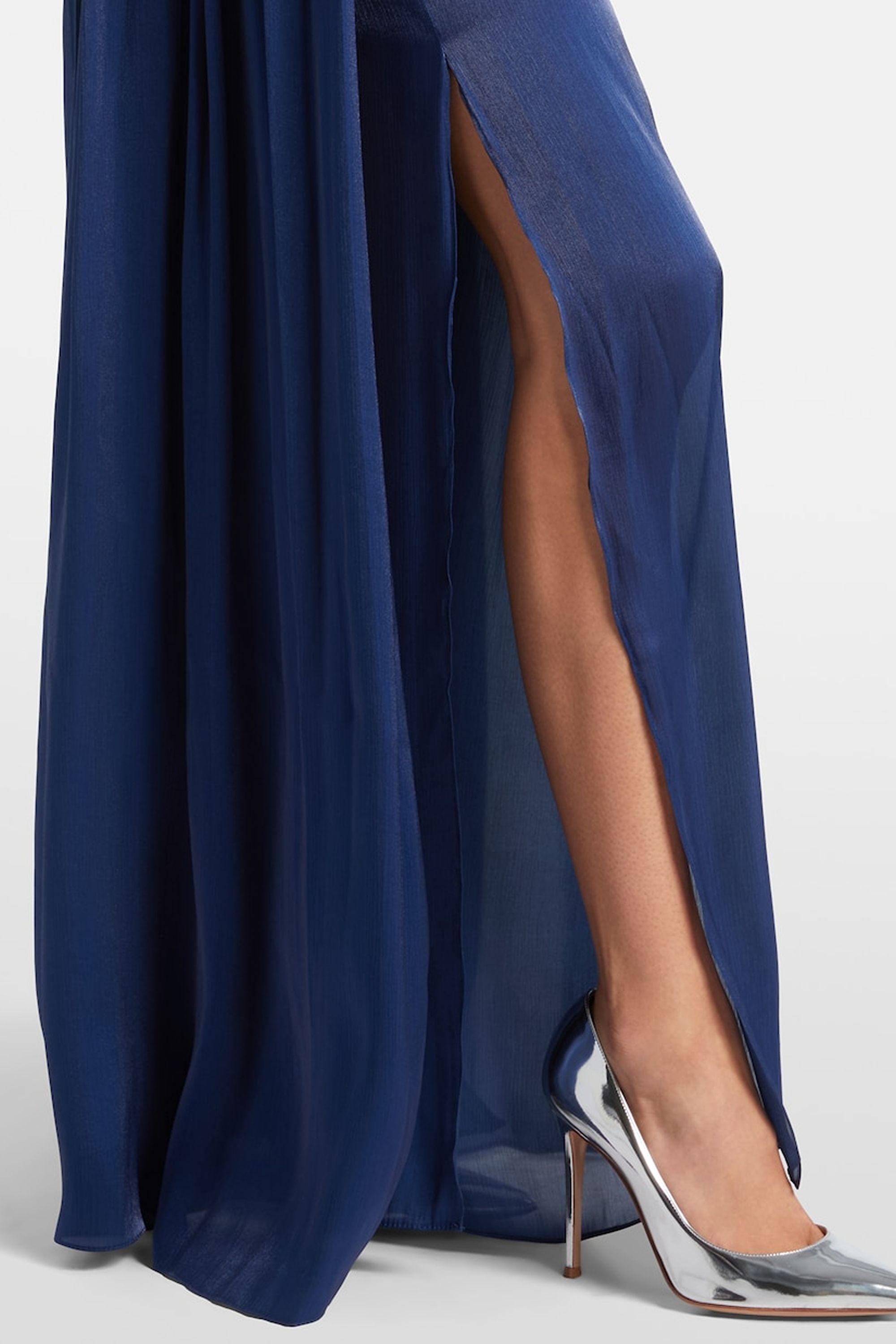 Especially Stunning Dark Blue Floral Cuff Pleated Maxi Dress