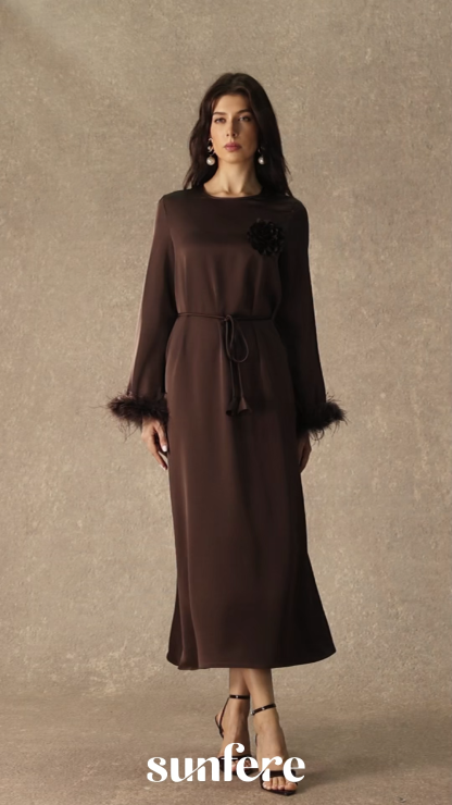 Effortlessly Luxe Brown Feather Cuff Midi Dress