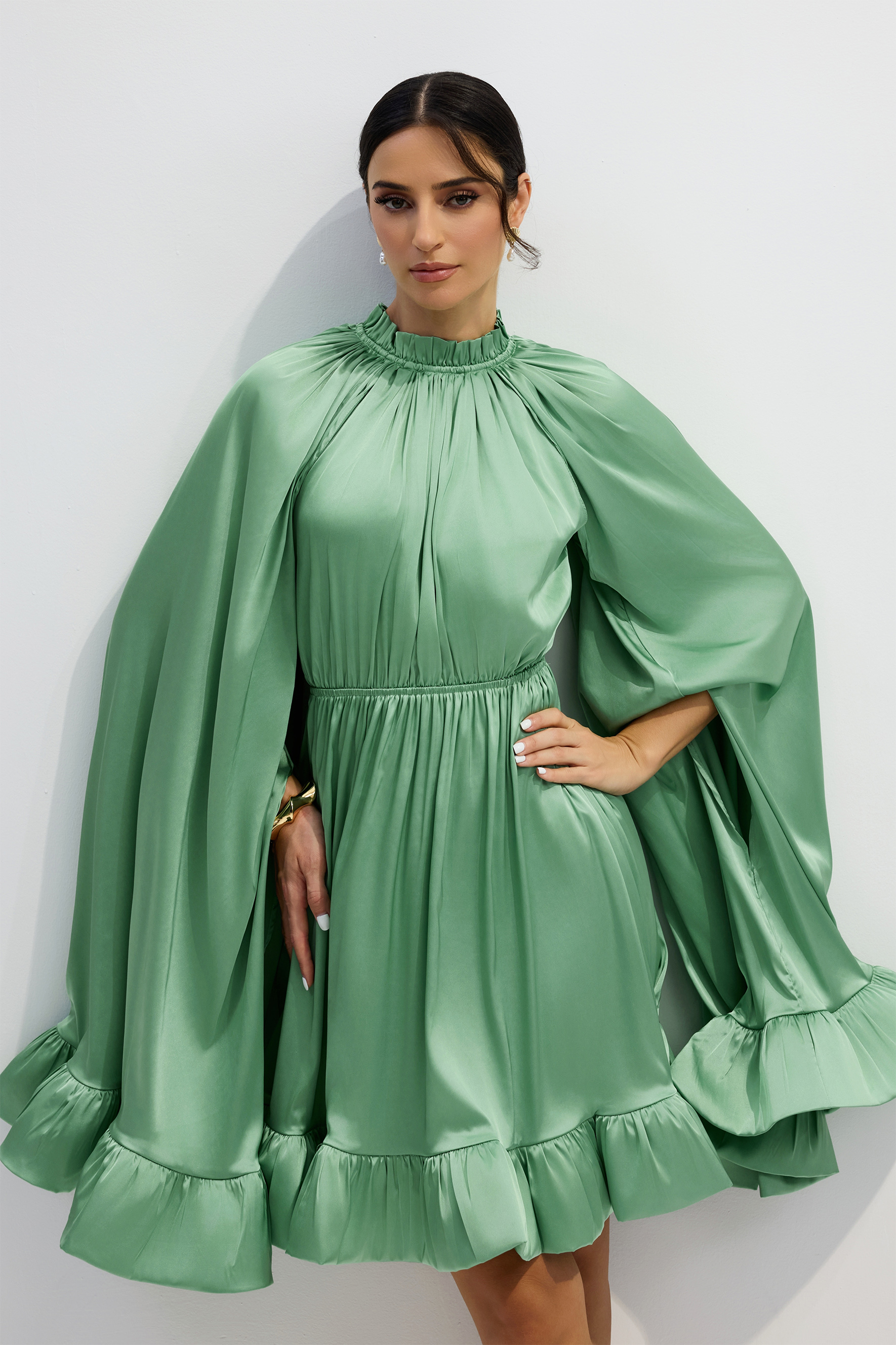 Octavia Cape Sleeve Ruffle Hem Mini Dress