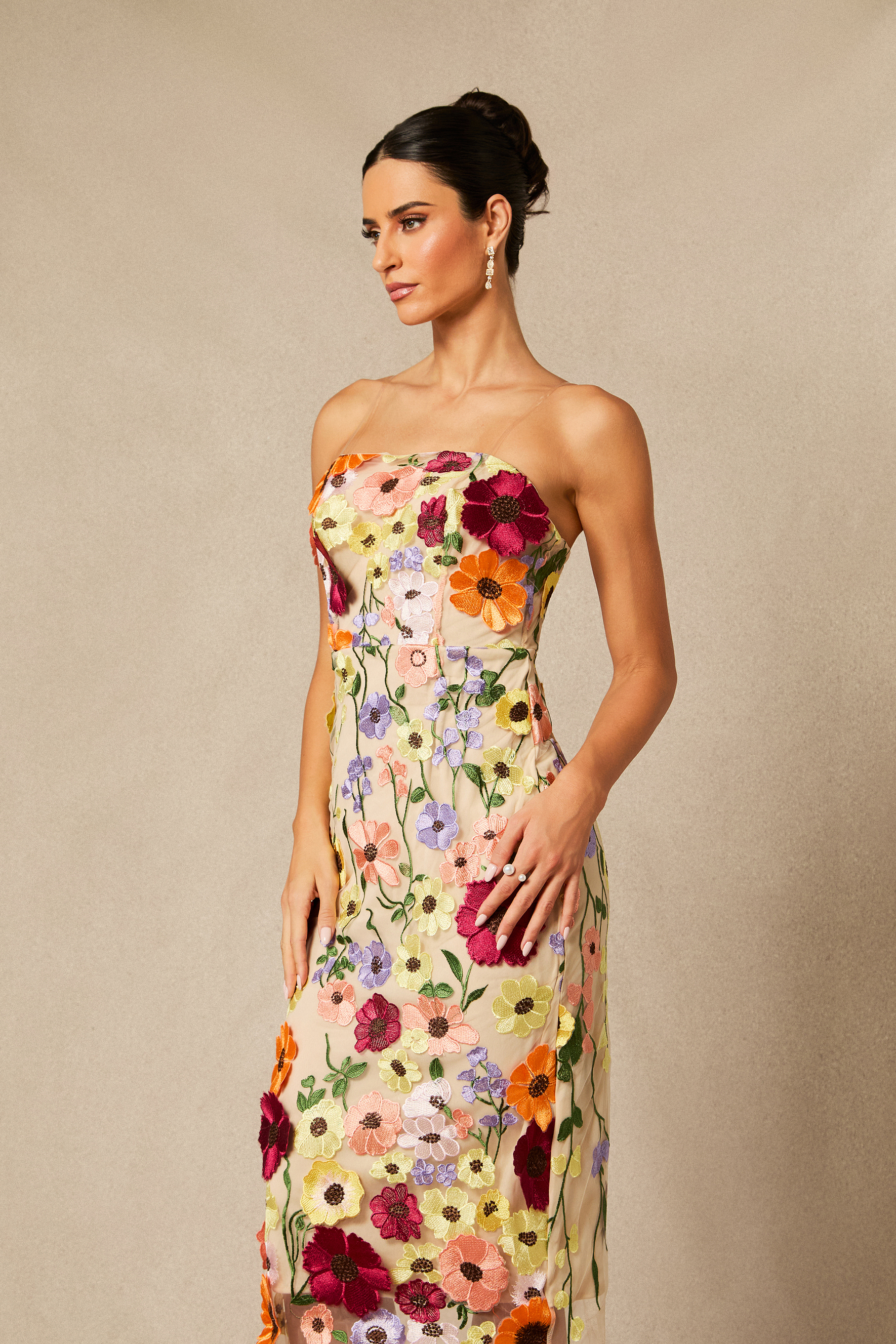 Belle Embroidered Floral Strapless Midi Dress