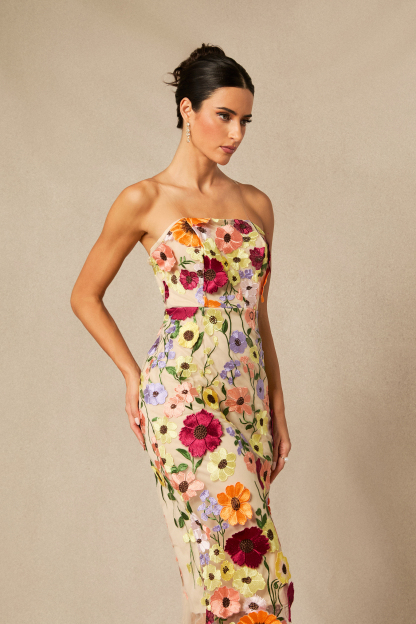 Belle Embroidered Floral Strapless Midi Dress