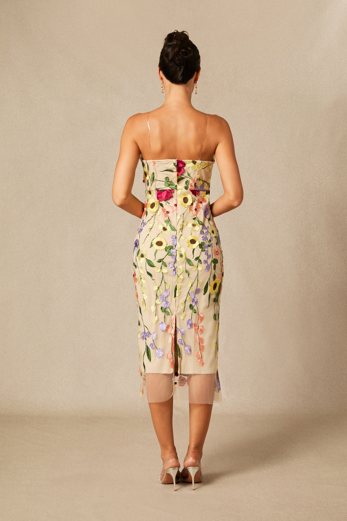 Belle Embroidered Floral Strapless Midi Dress