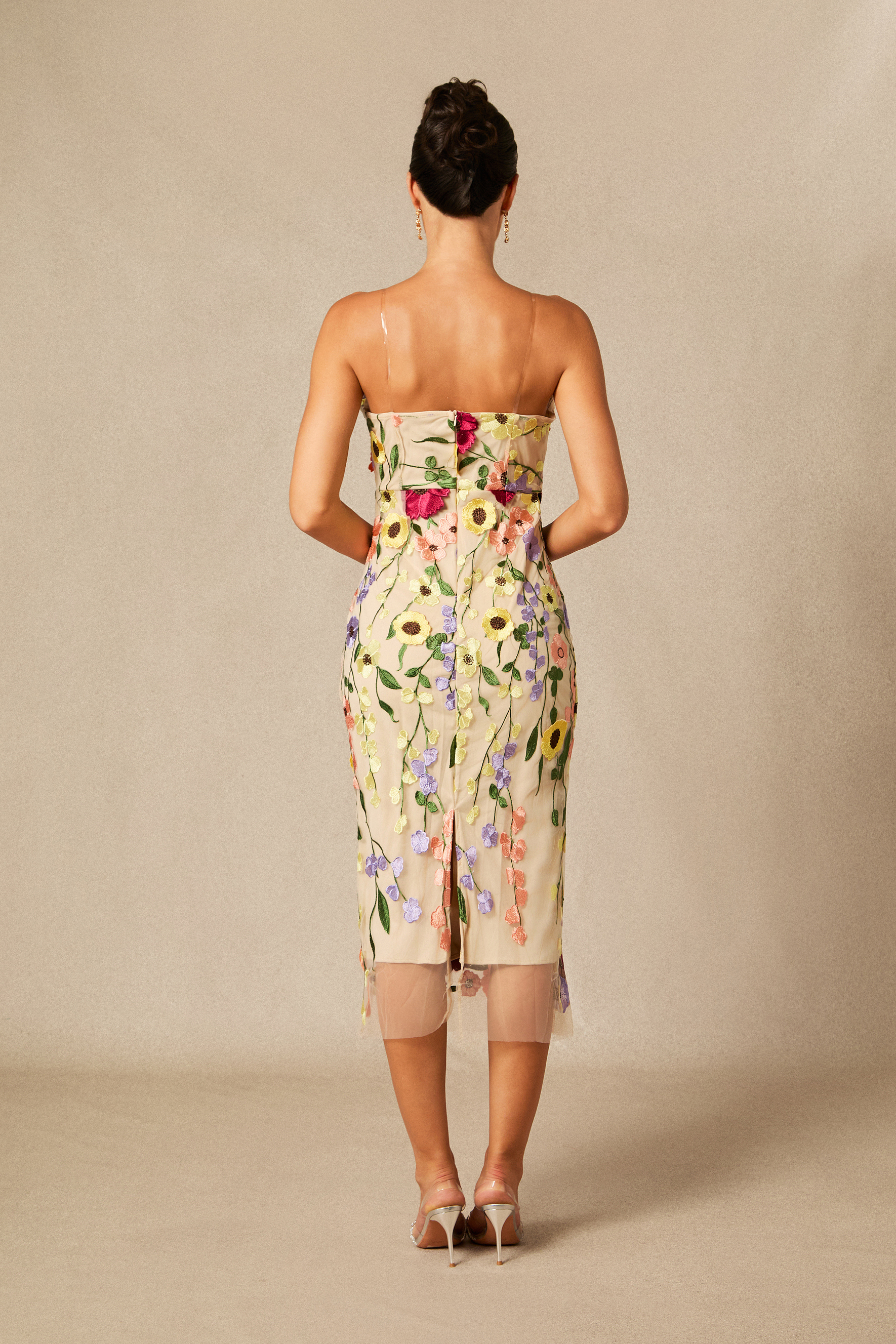 Belle Embroidered Floral Strapless Midi Dress