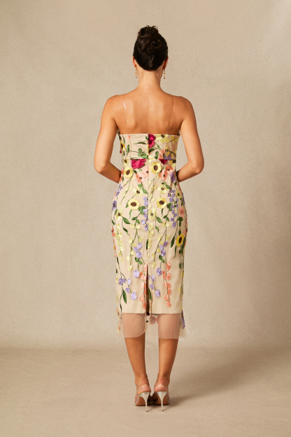 Belle Embroidered Floral Strapless Midi Dress