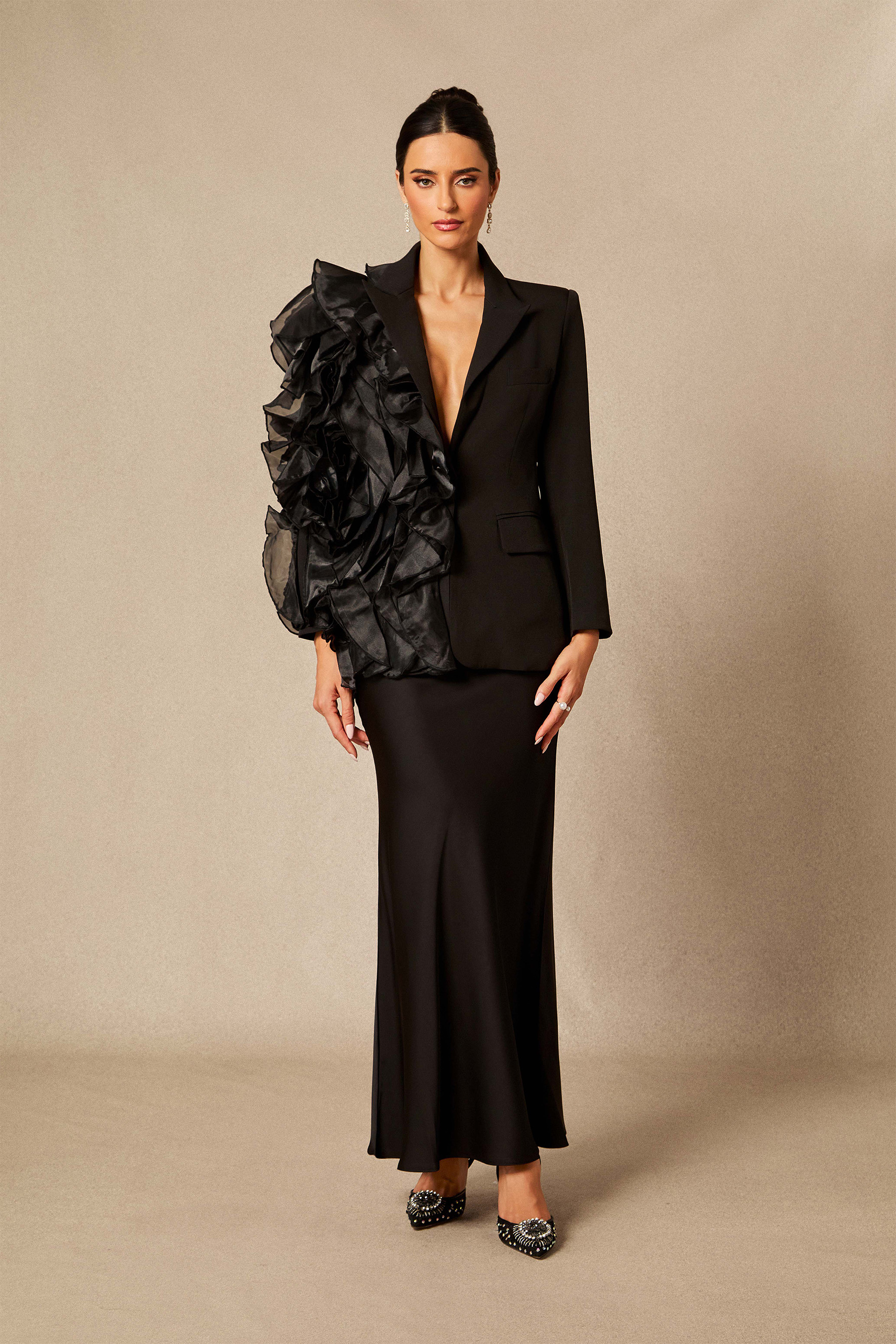 Misty Asymmetric Ruffle Blazer & Satin Skirt Set