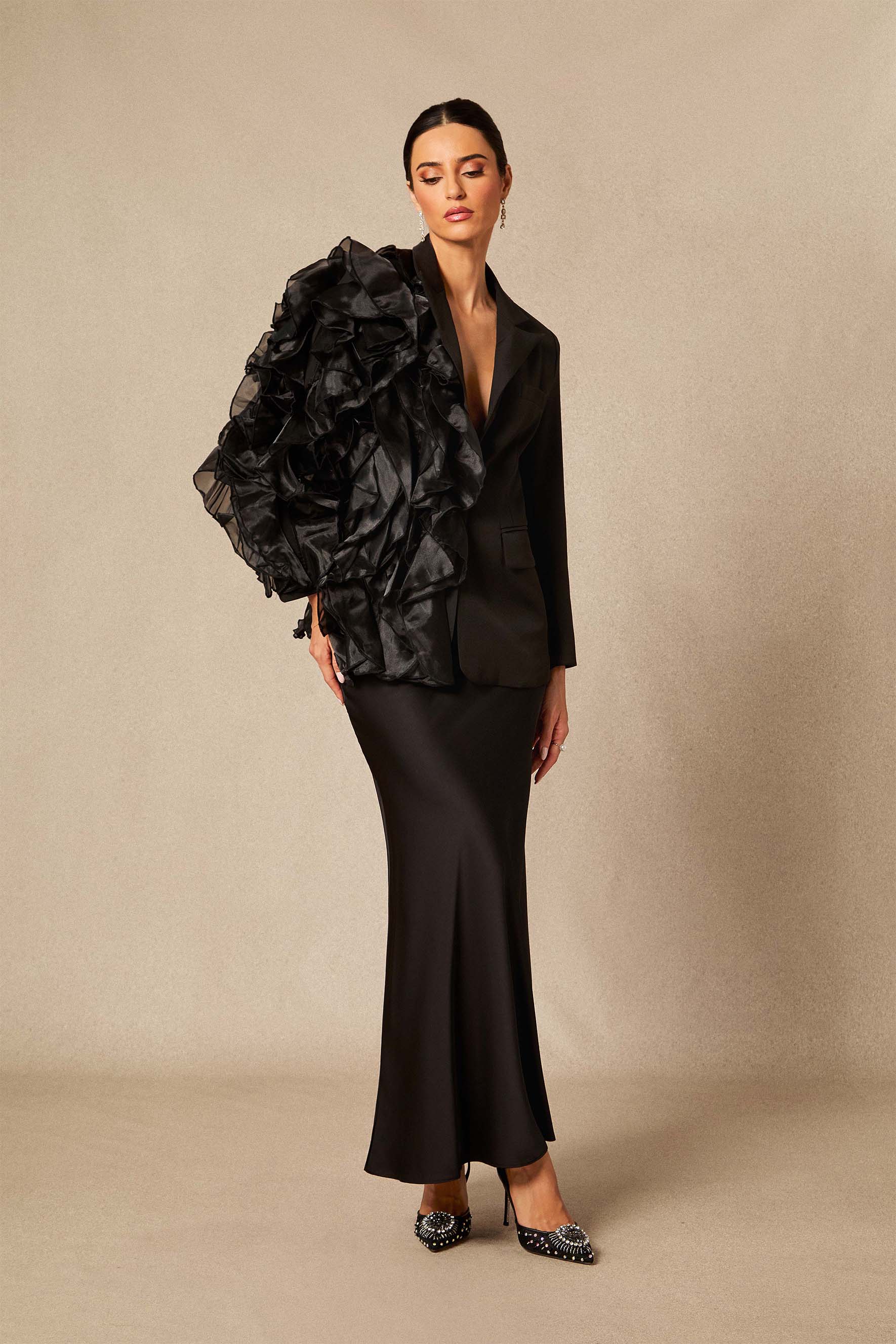 Misty Asymmetric Ruffle Blazer & Satin Skirt Set