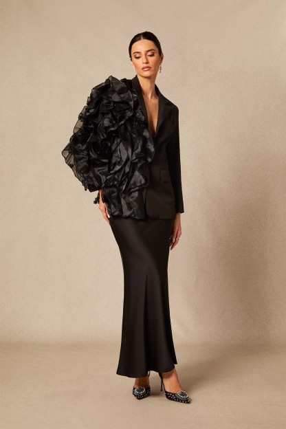 Misty Asymmetric Ruffle Blazer & Satin Skirt Set