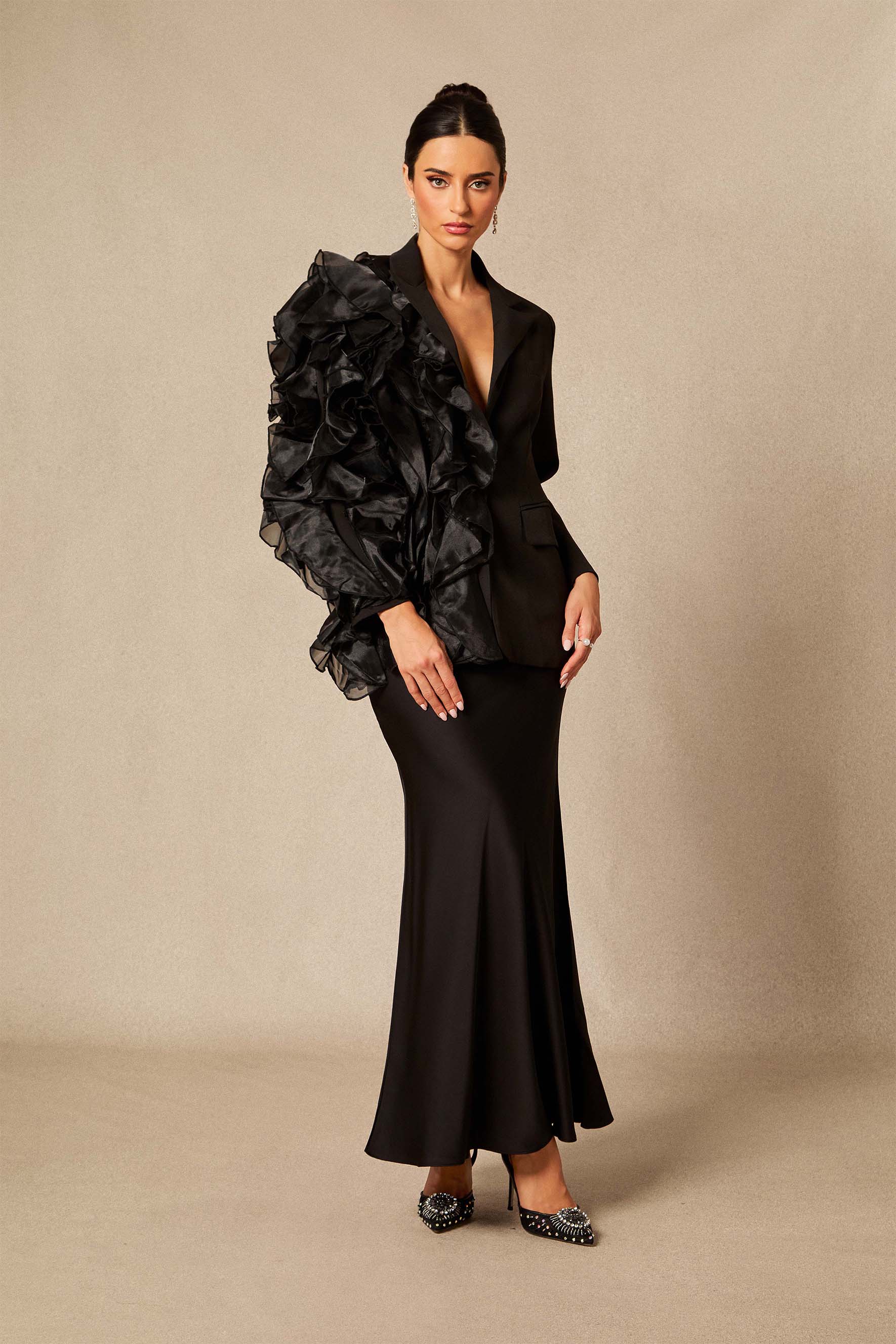 Misty Asymmetric Ruffle Blazer & Satin Skirt Set