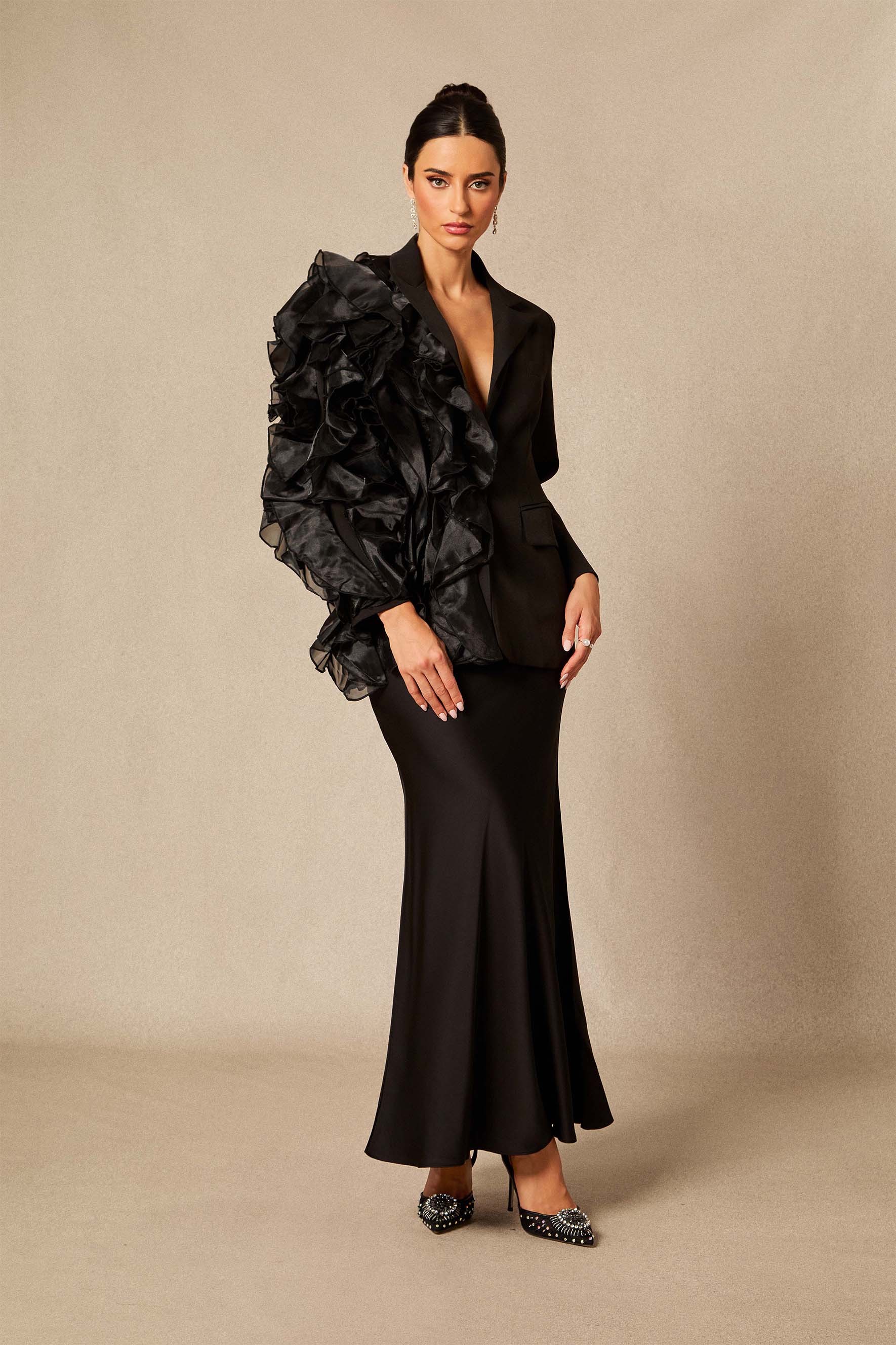 Misty Asymmetric Ruffle Blazer & Satin Skirt Set