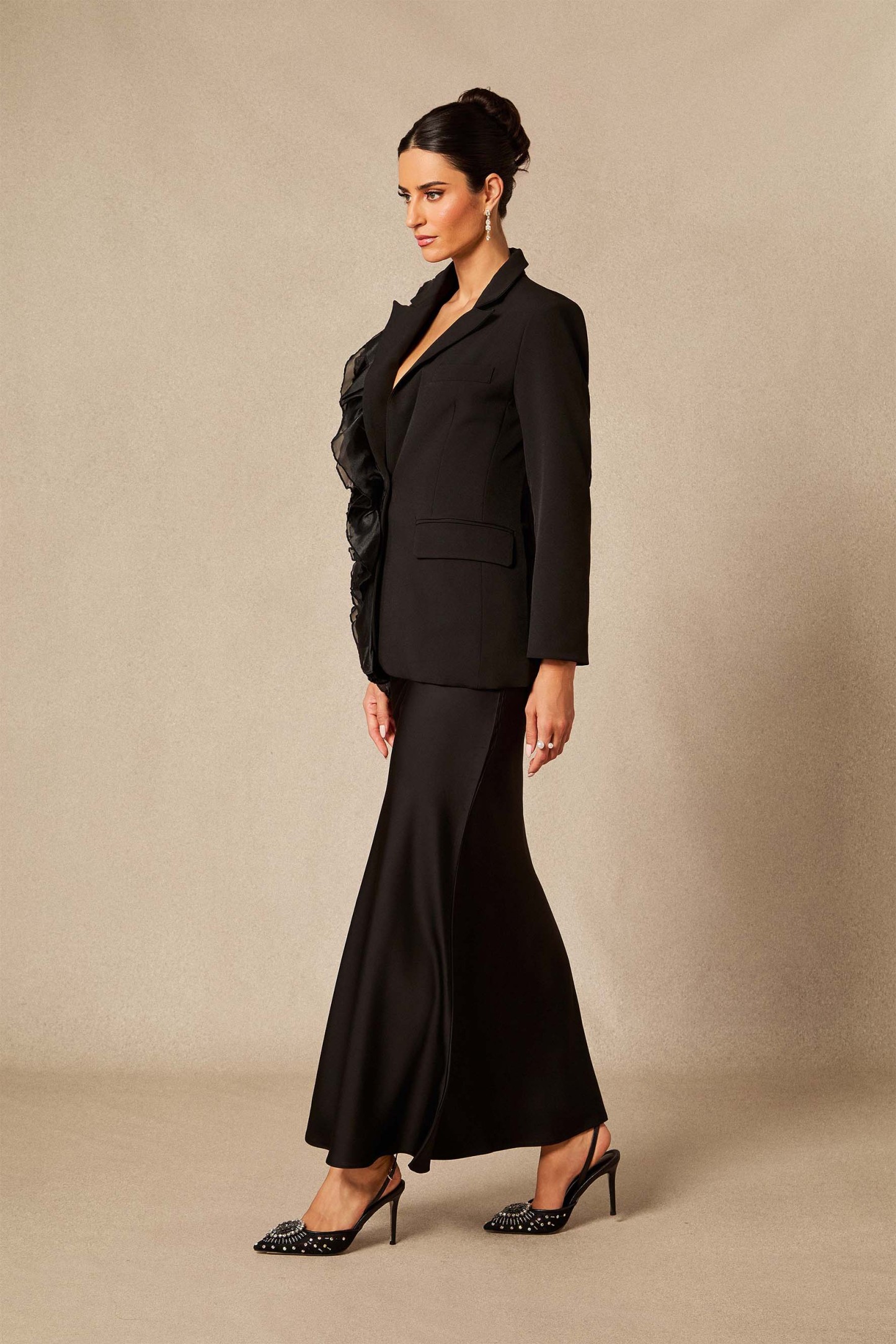 Misty Asymmetric Ruffle Blazer & Satin Skirt Set