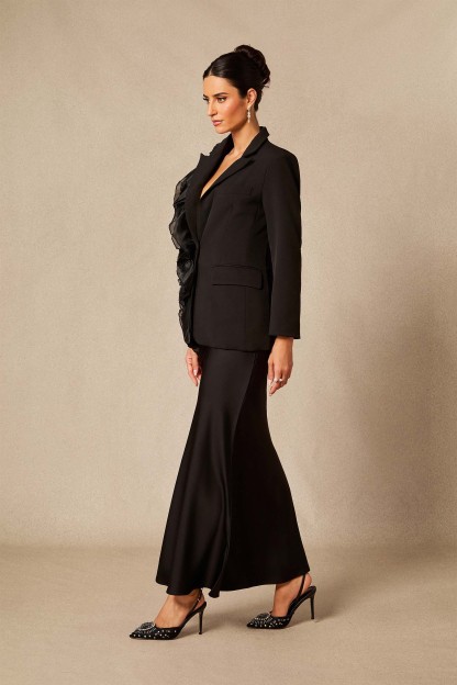 Misty Asymmetric Ruffle Blazer & Satin Skirt Set