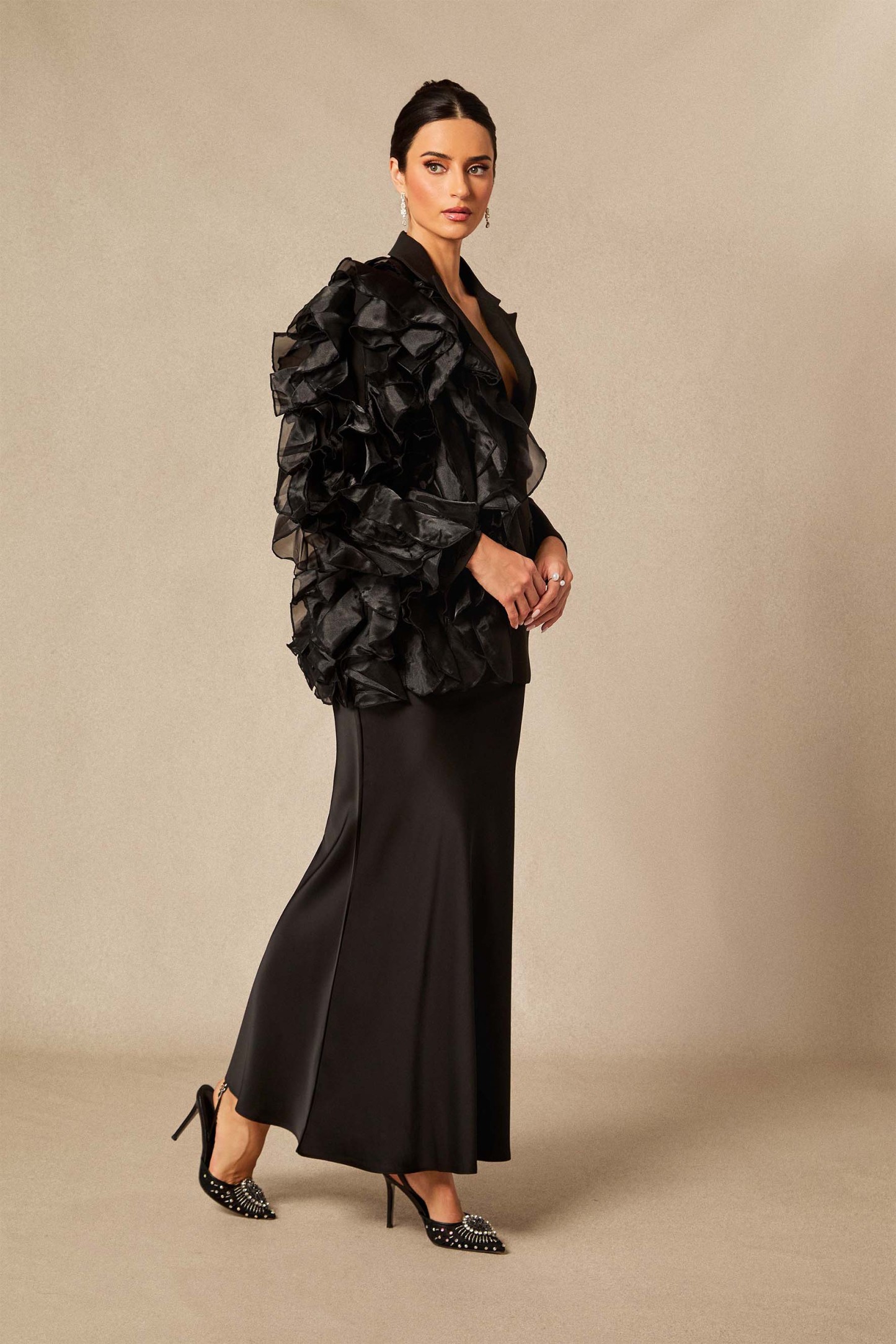 Misty Asymmetric Ruffle Blazer & Satin Skirt Set