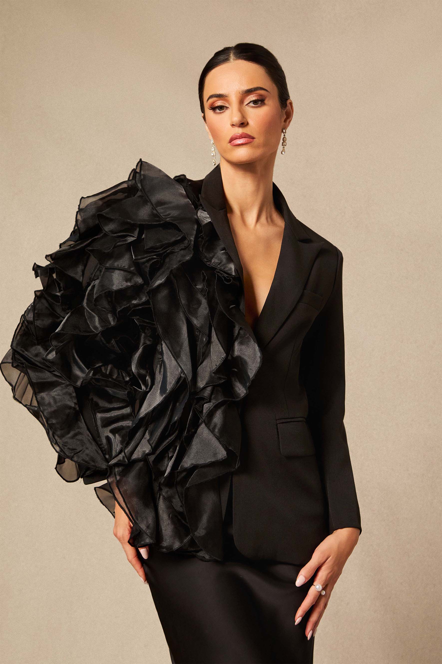 Misty Asymmetric Ruffle Blazer & Satin Skirt Set