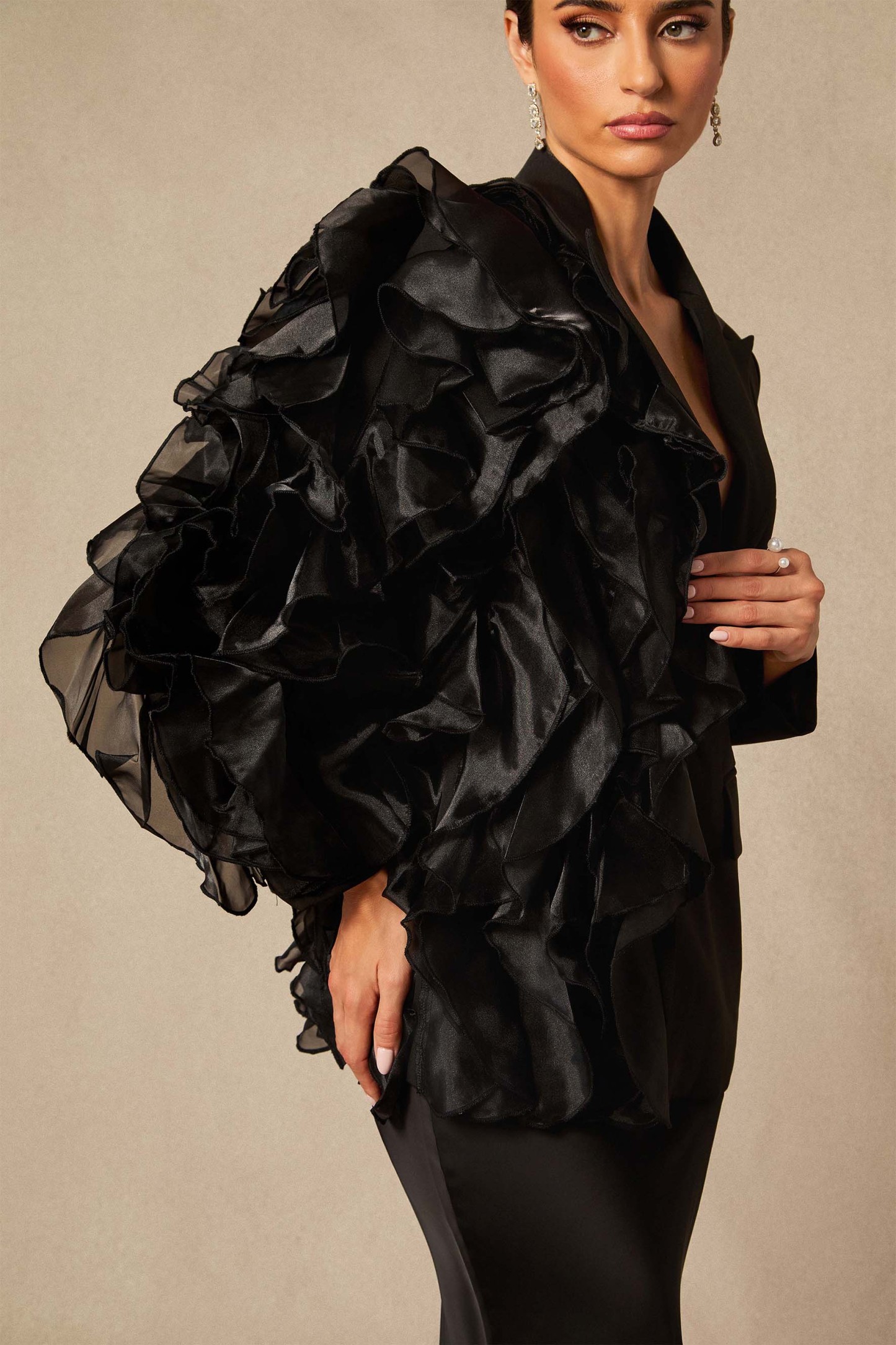 Misty Asymmetric Ruffle Blazer & Satin Skirt Set