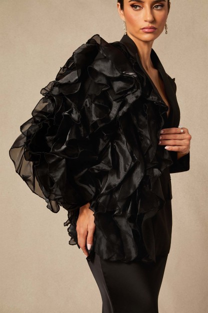 Misty Asymmetric Ruffle Blazer & Satin Skirt Set