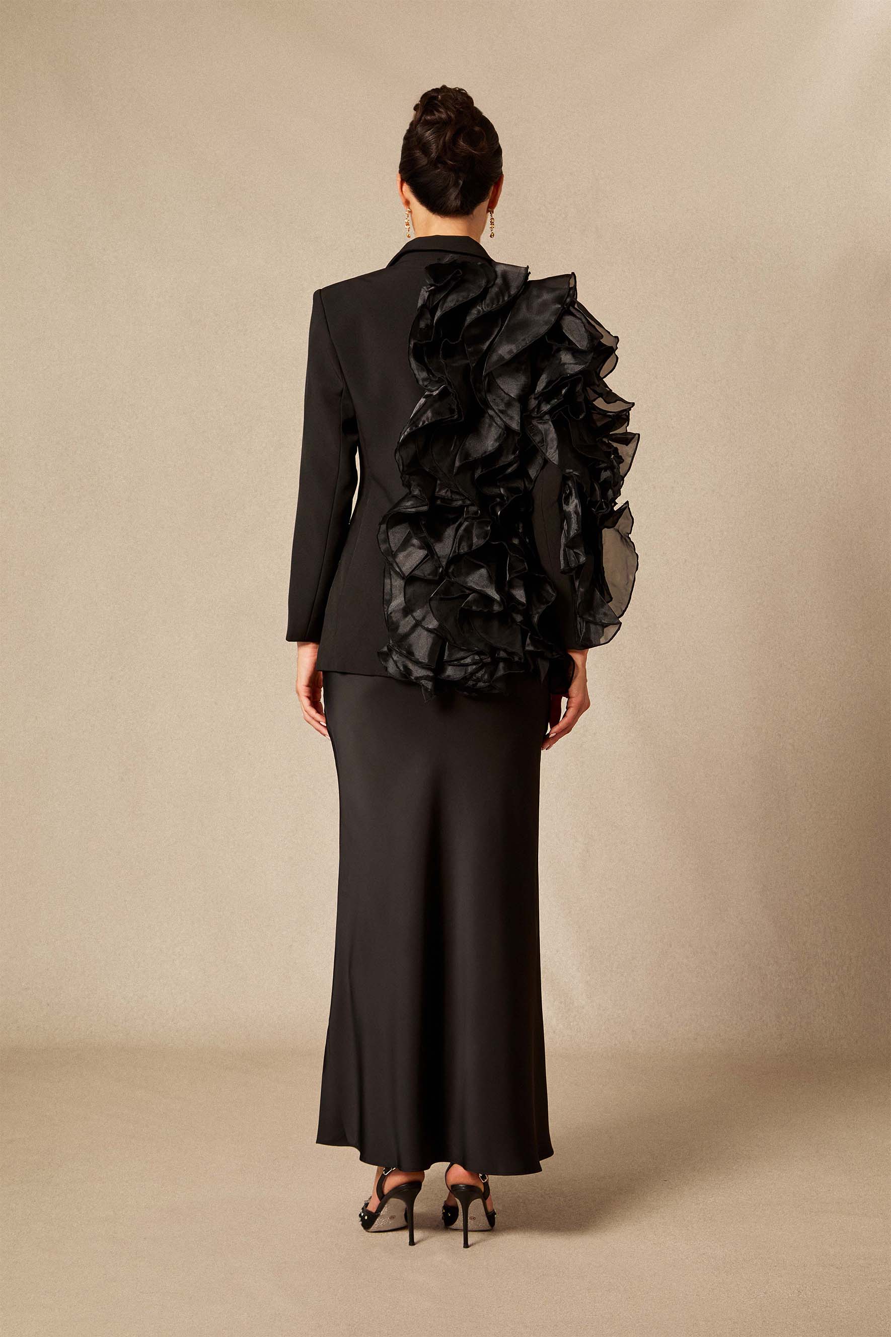 Misty Asymmetric Ruffle Blazer & Satin Skirt Set