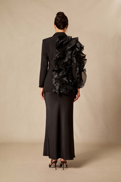 Misty Asymmetric Ruffle Blazer & Satin Skirt Set