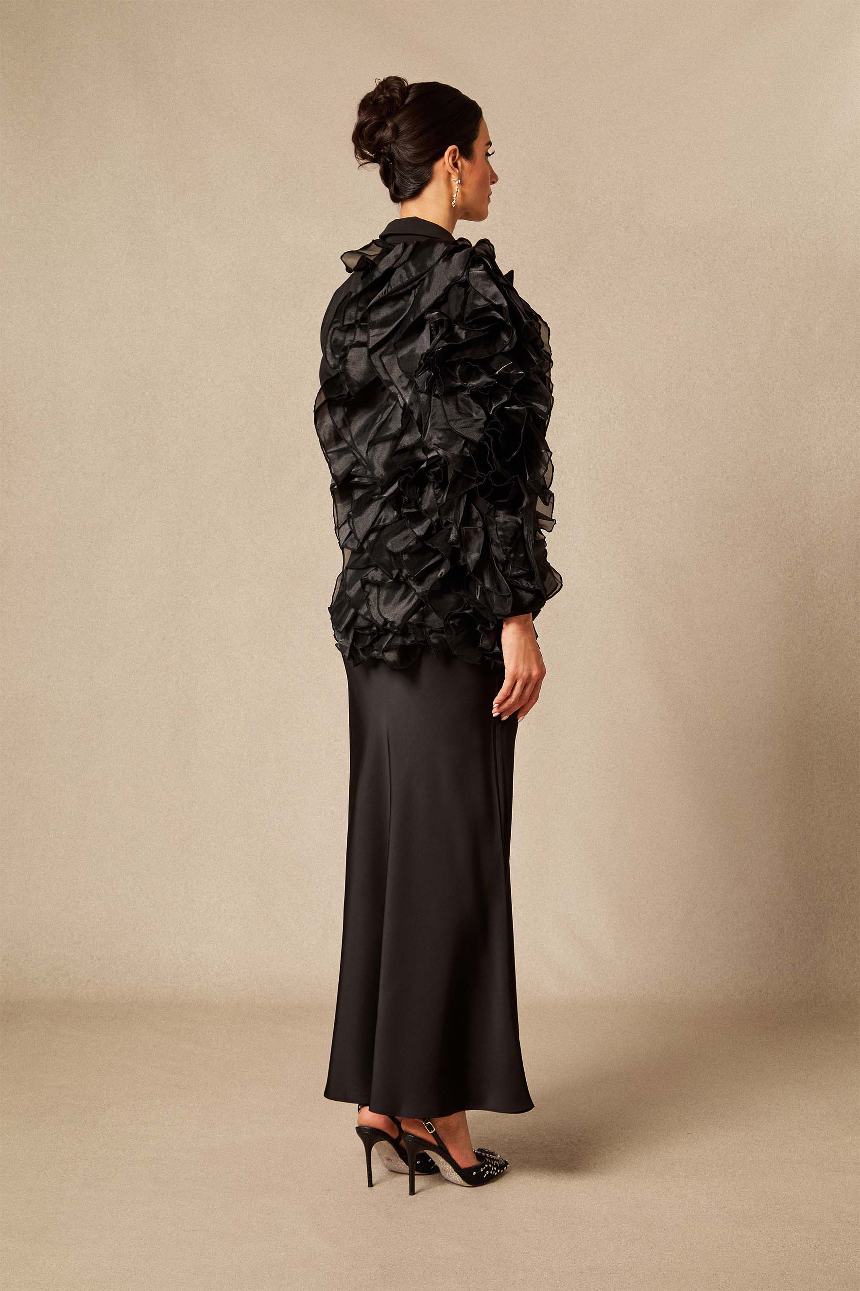 Misty Asymmetric Ruffle Blazer & Satin Skirt Set