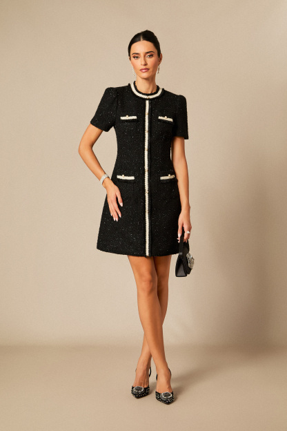 Samantha Contrast Trim Short Sleeve Tweed Mini Dress