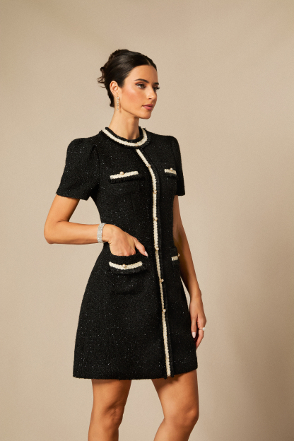 Samantha Contrast Trim Short Sleeve Tweed Mini Dress