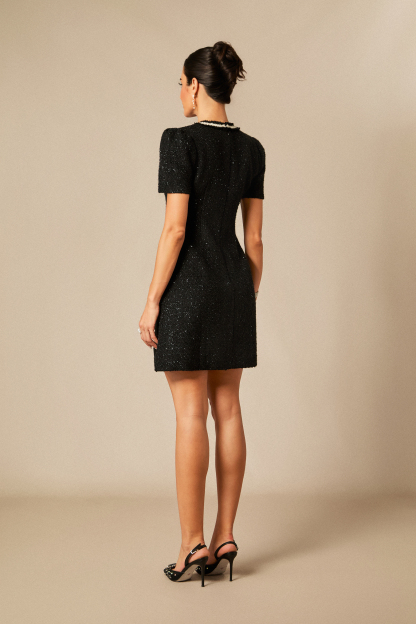 Samantha Contrast Trim Short Sleeve Tweed Mini Dress